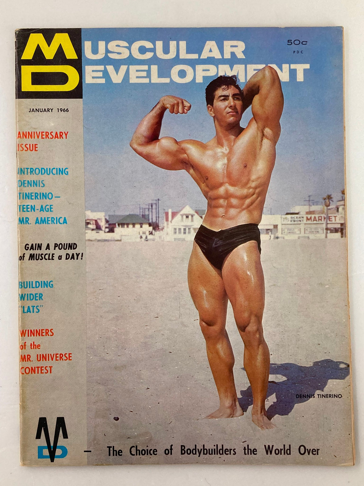 Cover of VTG Muscular Development Magazine January 1966 featuring Dennis Tinerino in a bodybuilding pose against a beach background.