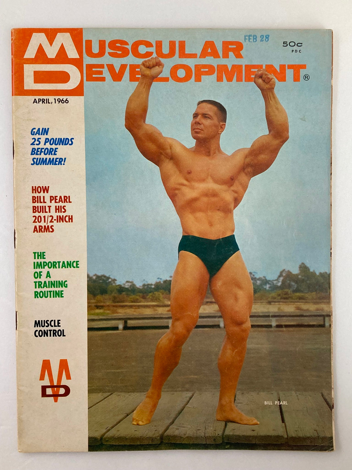 VTG Muscular Development Magazine April 1966 cover featuring bodybuilder Bill Pearl in a muscle control pose, highlighting iconic fitness content.