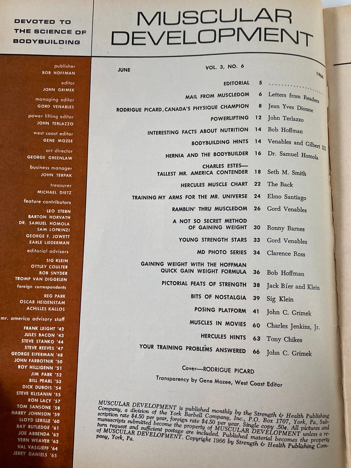 Interior page of VTG Muscular Development Magazine June 1966, Vol 3 No 6, listing articles and editorial details focused on bodybuilding and fitness.