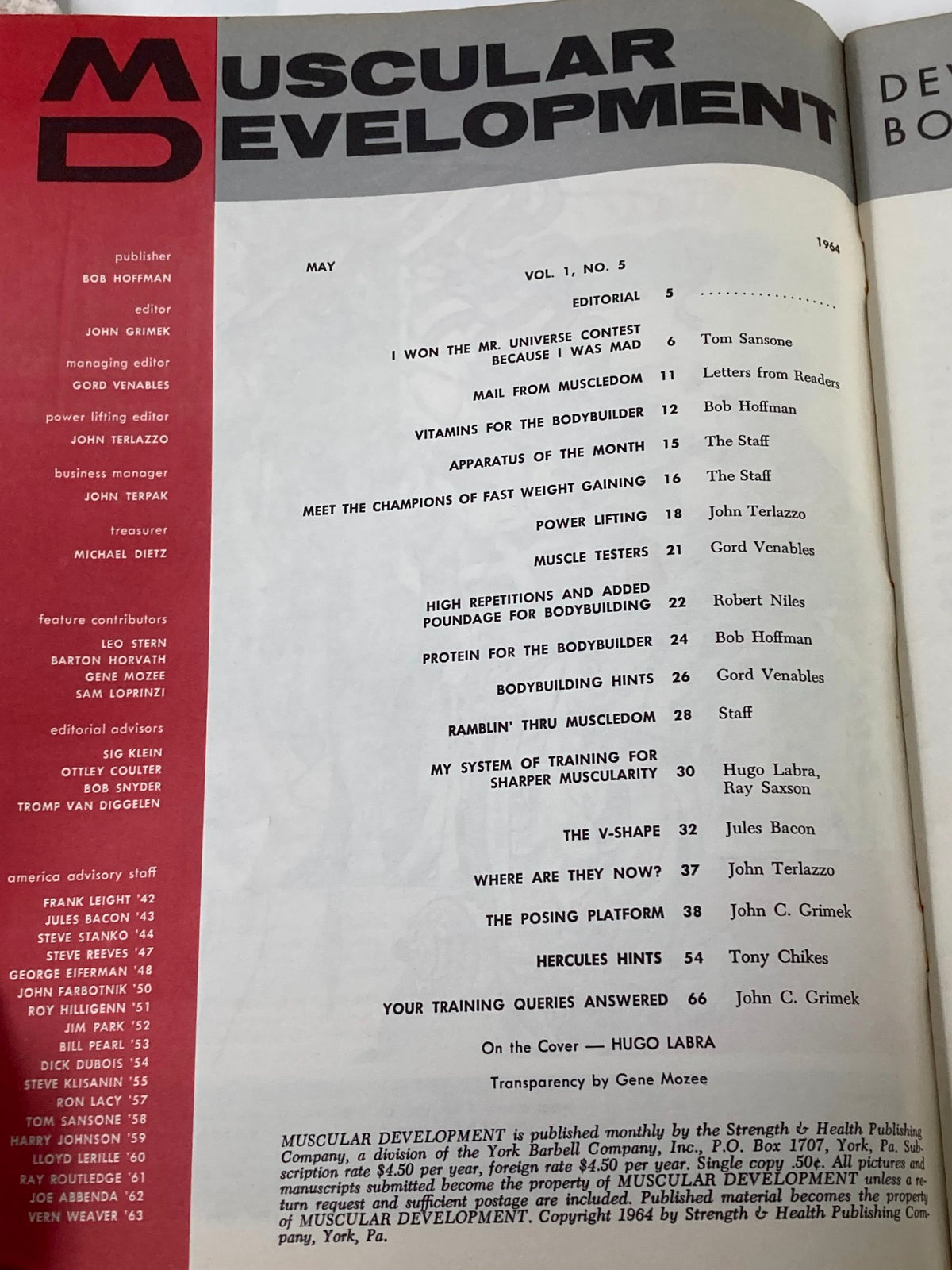 Table of contents from VTG Muscular Development Magazine May 1964, detailing featured articles and contributions by fitness experts.