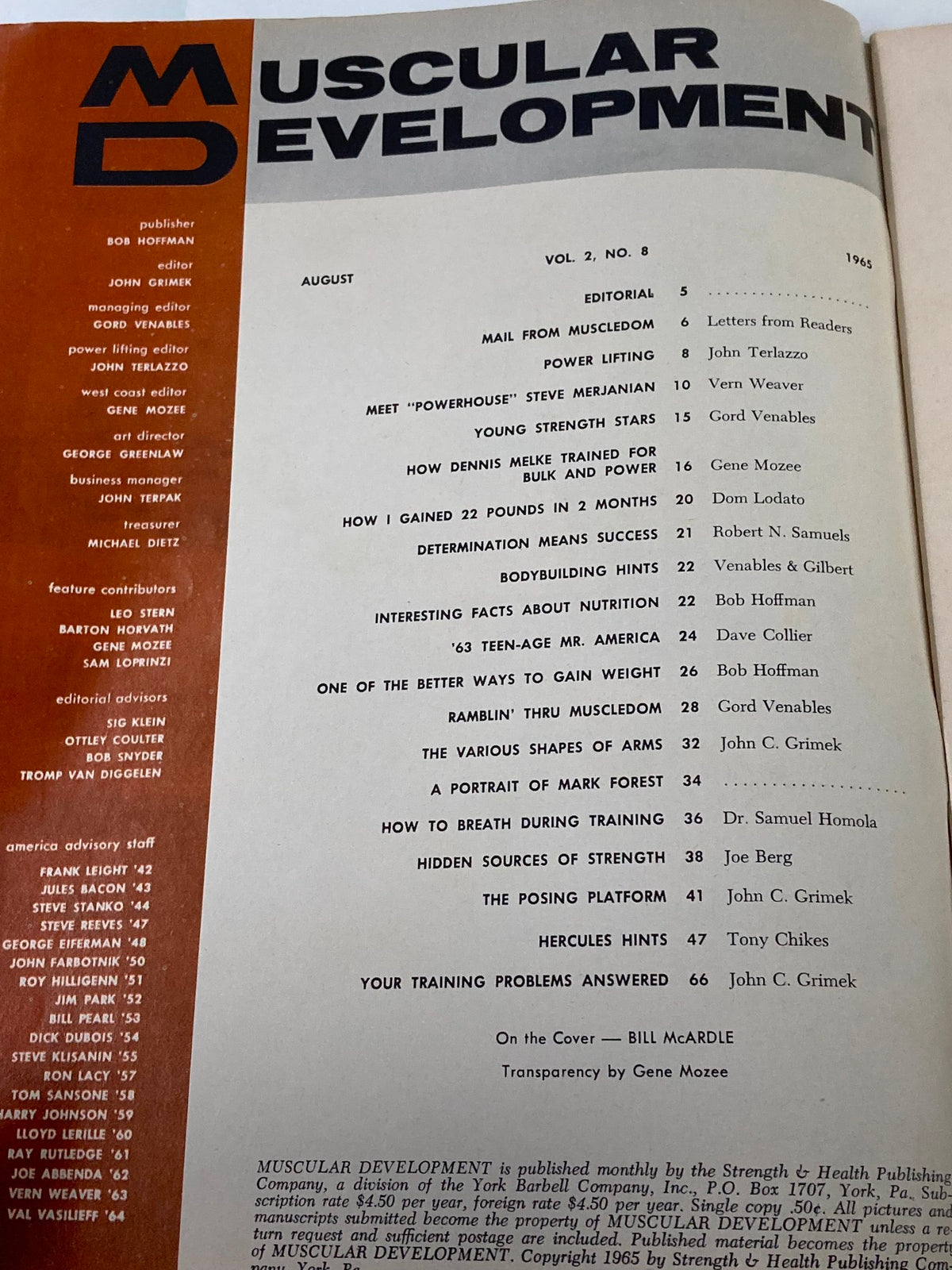Interior page of VTG Muscular Development Magazine August 1965 Vol 2 #8, displaying article titles and editorial content from the magazine.
