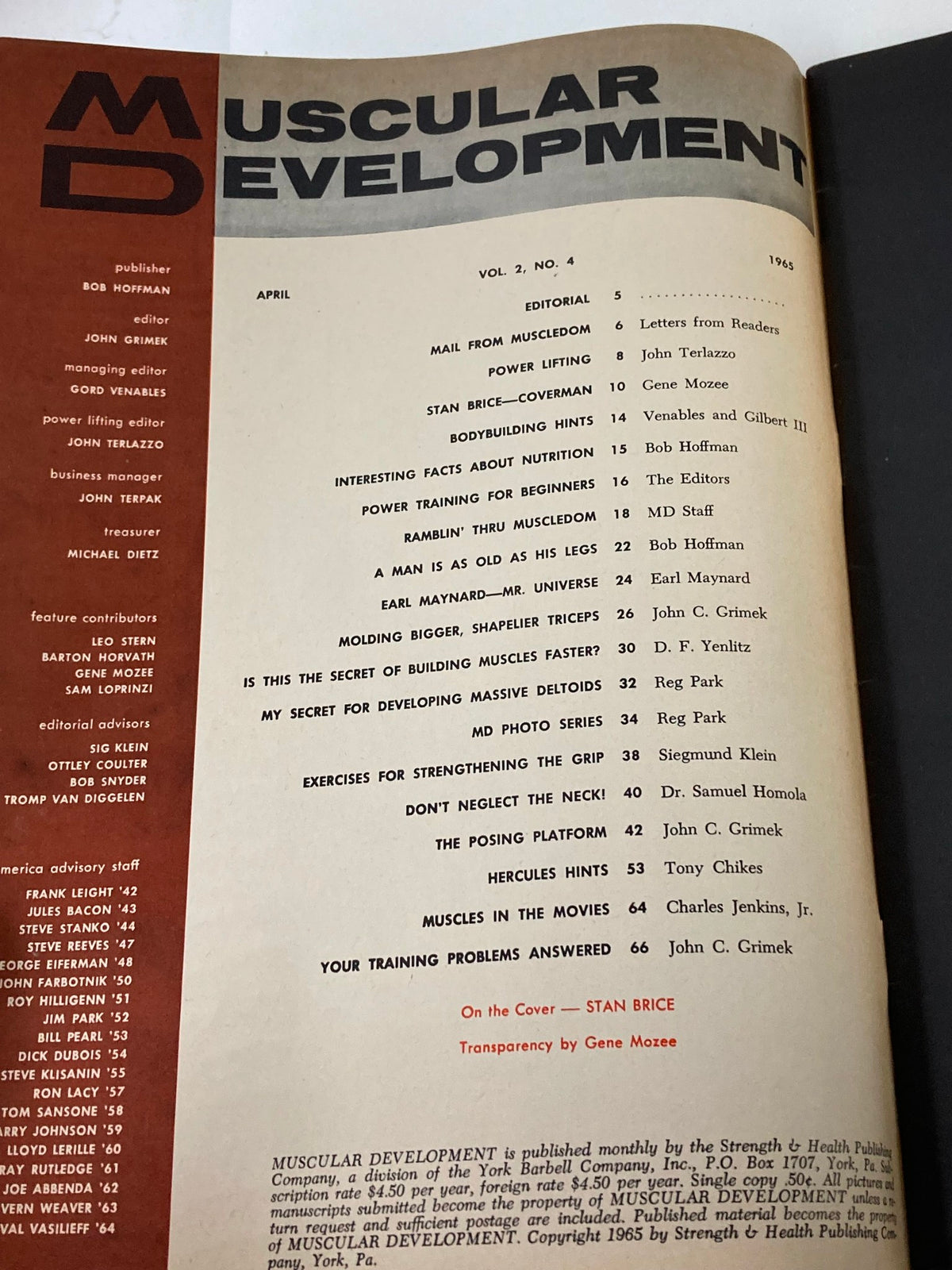 Interior page of VTG Muscular Development Magazine April 1965 Vol 2 #4 showcasing the table of contents with articles on bodybuilding, nutrition tips, and featured contributors, including Stan Brice on the cover.