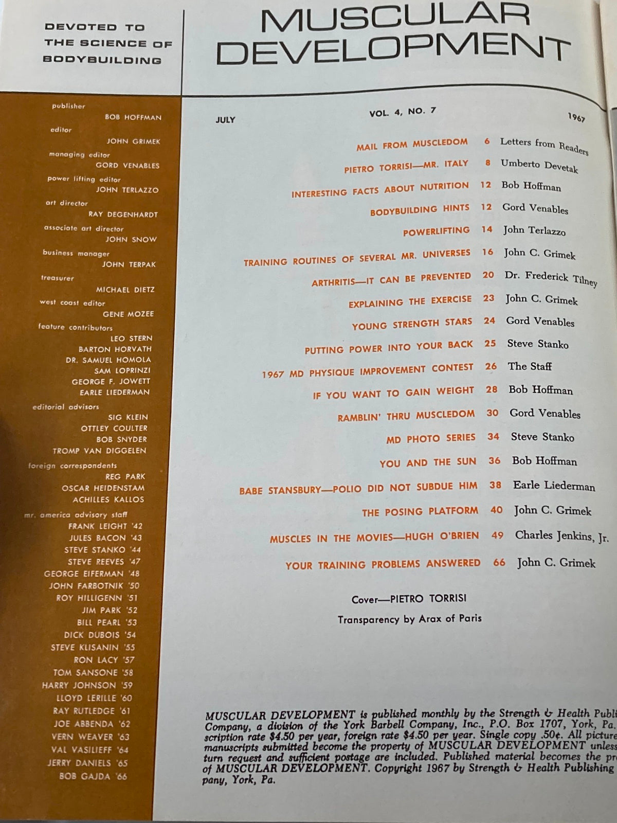 Interior page of VTG Muscular Development Magazine July 1967, Vol 4 #7, featuring the table of contents and contributors, highlighting bodybuilding history.