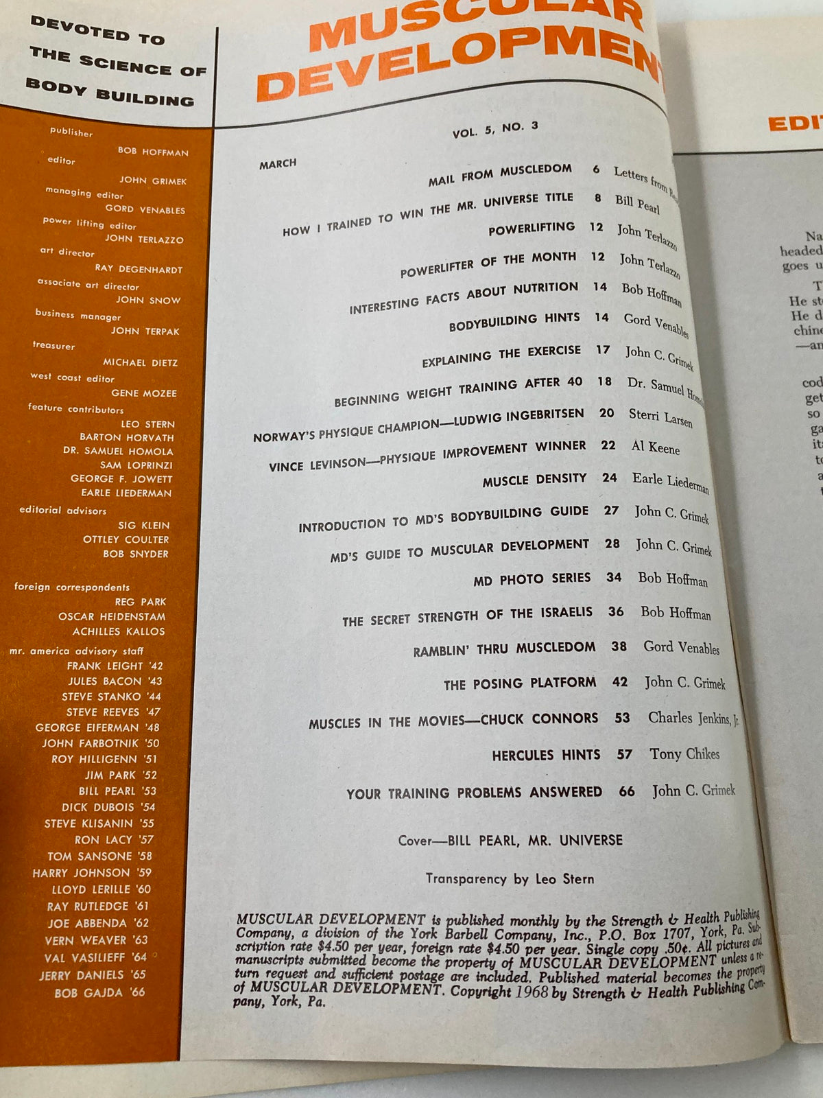 Table of contents from VTG Muscular Development Magazine March 1968 Vol 5 #3, listing articles on bodybuilding and fitness.