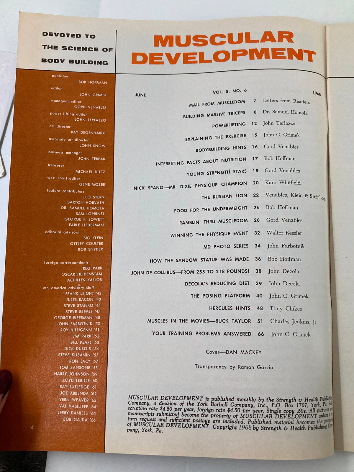 Interior page of VTG Muscular Development Magazine June 1968 Vol 5 #6 featuring the contents list, showcasing articles on bodybuilding techniques, nutrition, and fitness insights from the 1960s.