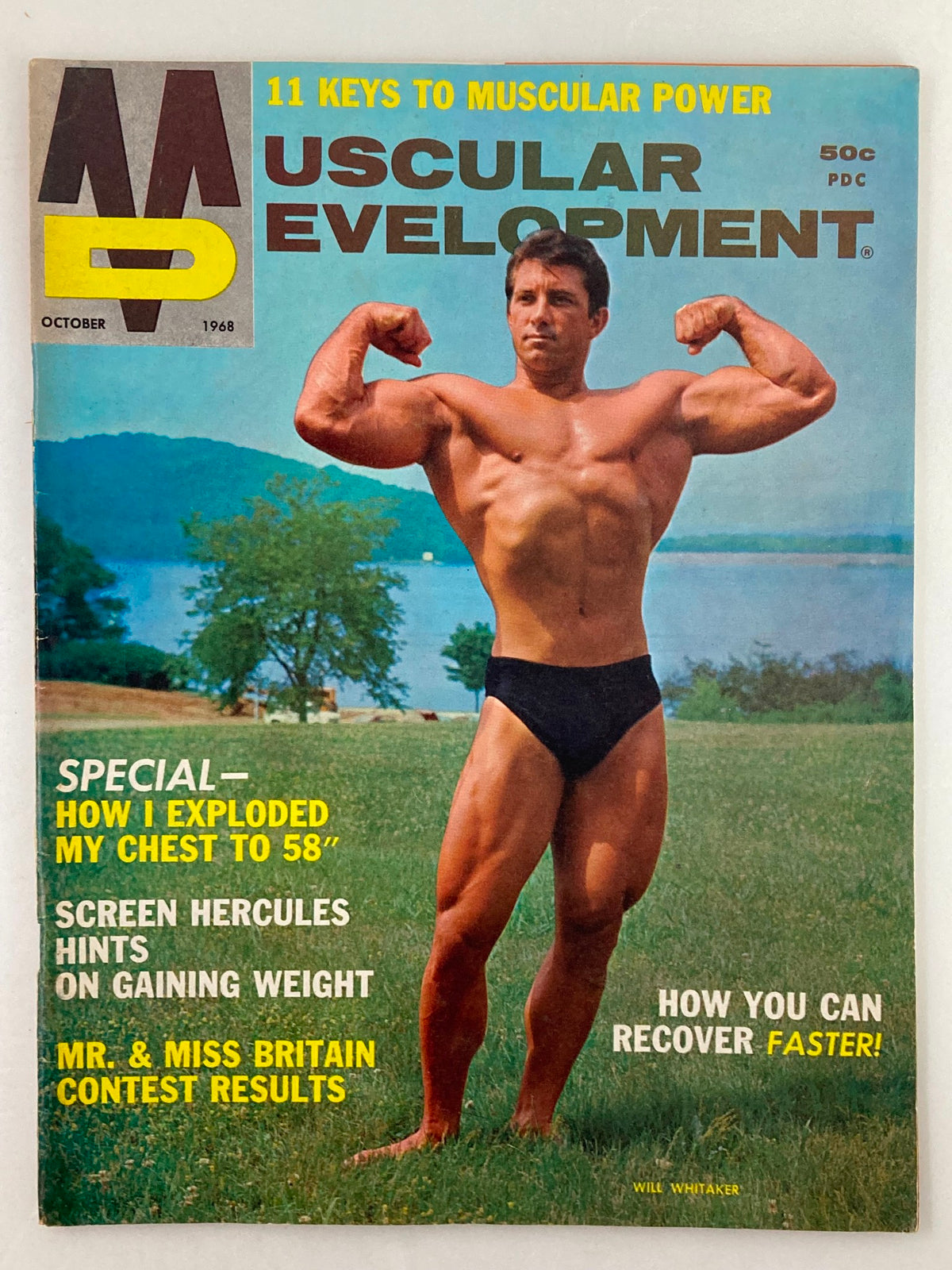 Cover of VTG Muscular Development Magazine October 1968 featuring Will Whitaker showcasing bodybuilding tips and 11 keys to muscular power.