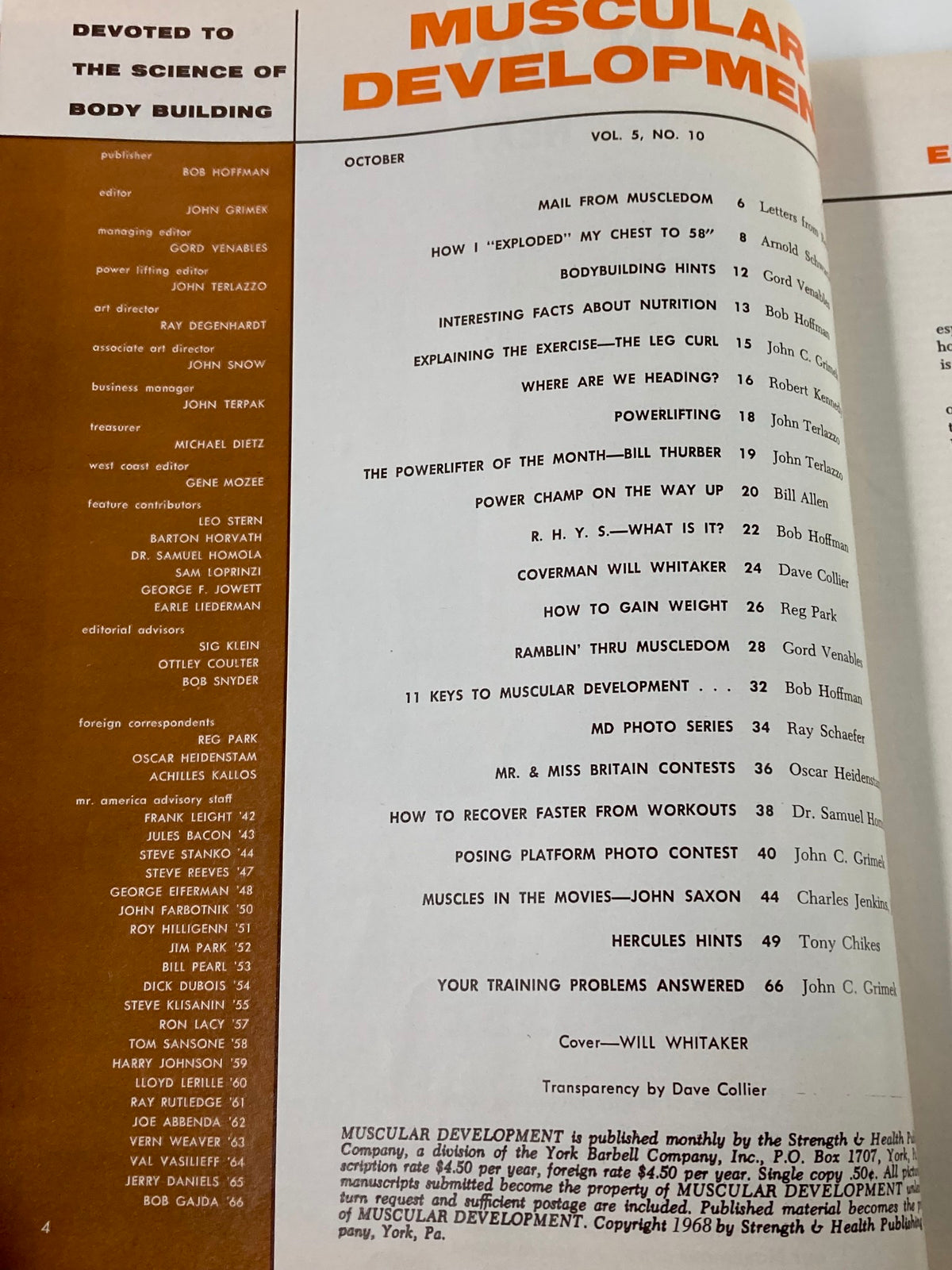 Table of contents page from VTG Muscular Development Magazine October 1968 detailing articles and features including bodybuilding hints and how to recover faster from workouts.