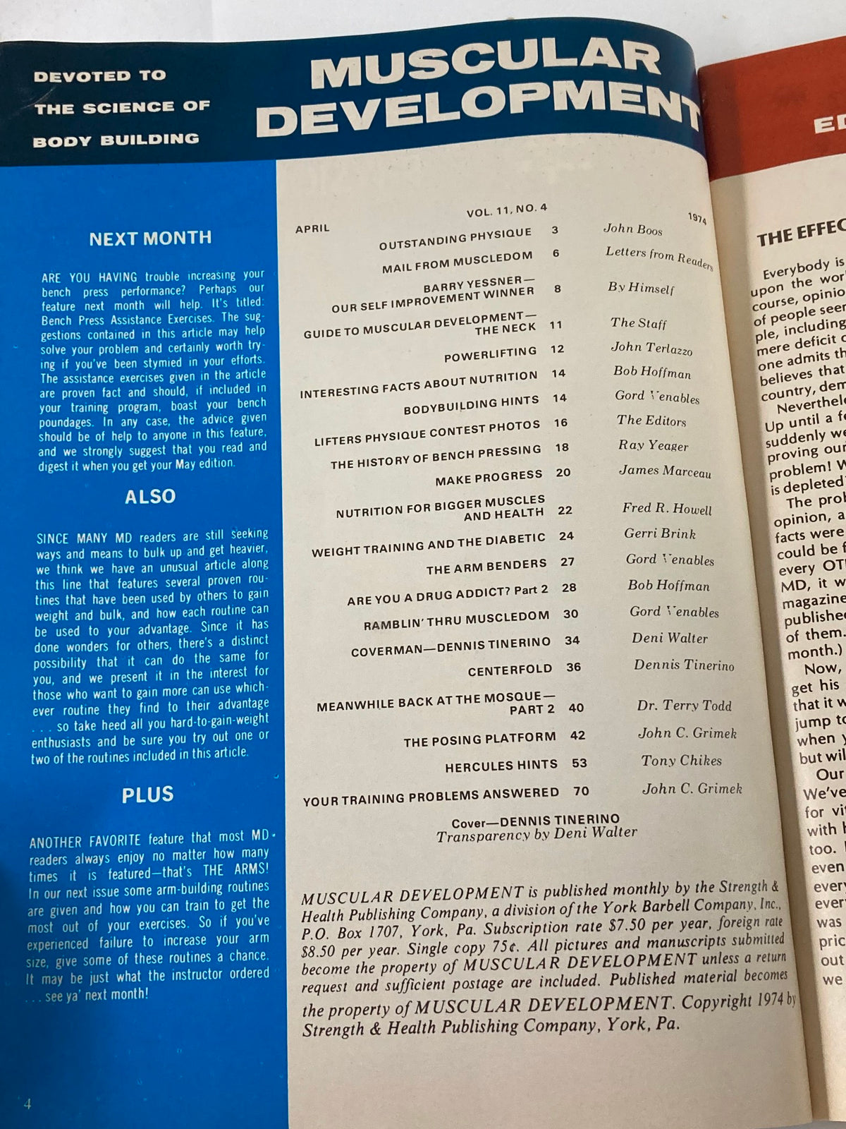 Inside page of VTG Muscular Development Magazine April 1974 Vol 11 #4 displaying the table of contents and articles related to bodybuilding, nutrition, and training, emphasizing the magazine's role in fitness history.