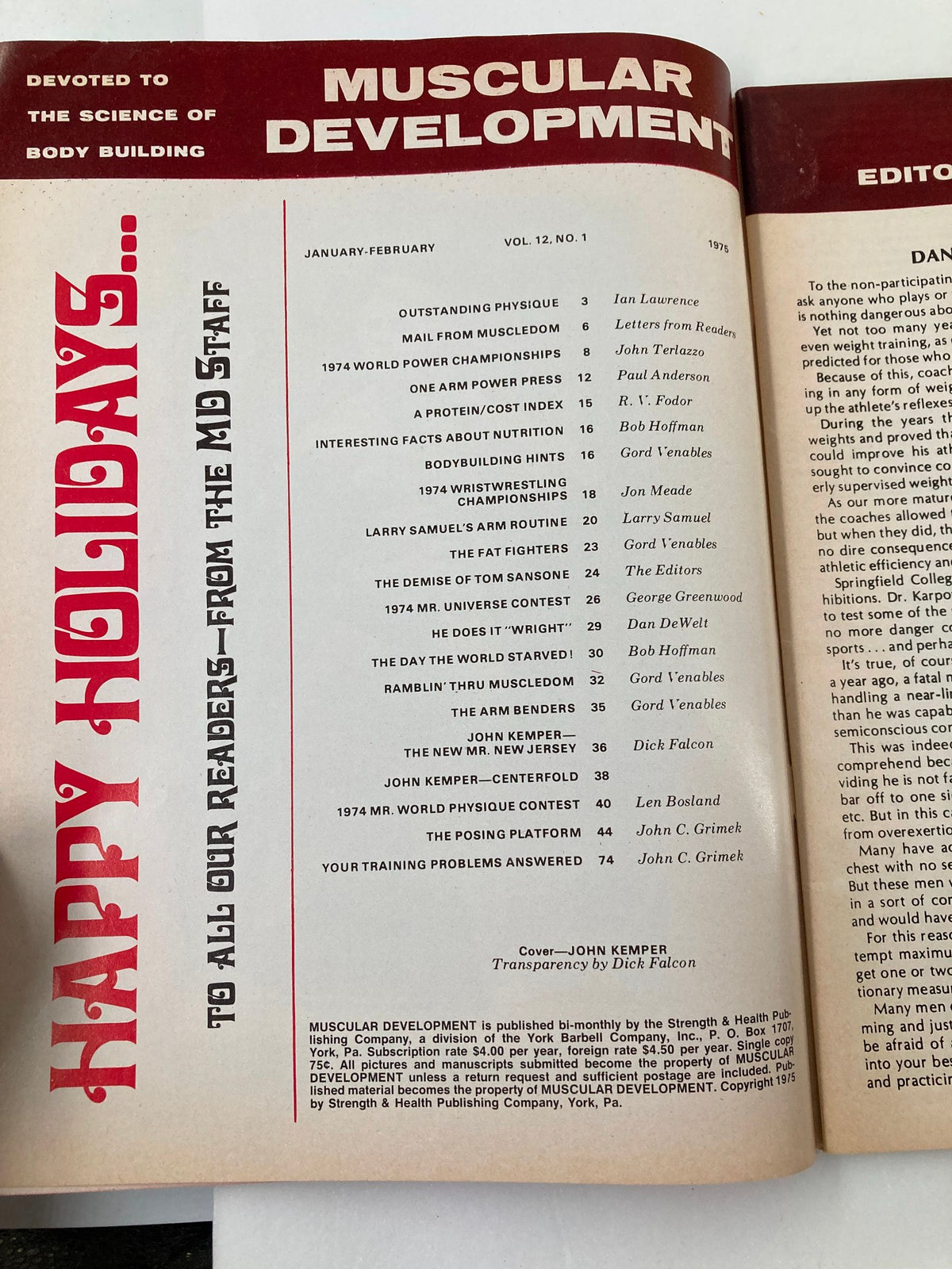 Interior page of VTG Muscular Development Magazine January 1975 Vol 12 #1 showcasing the table of contents highlighting various bodybuilding articles.