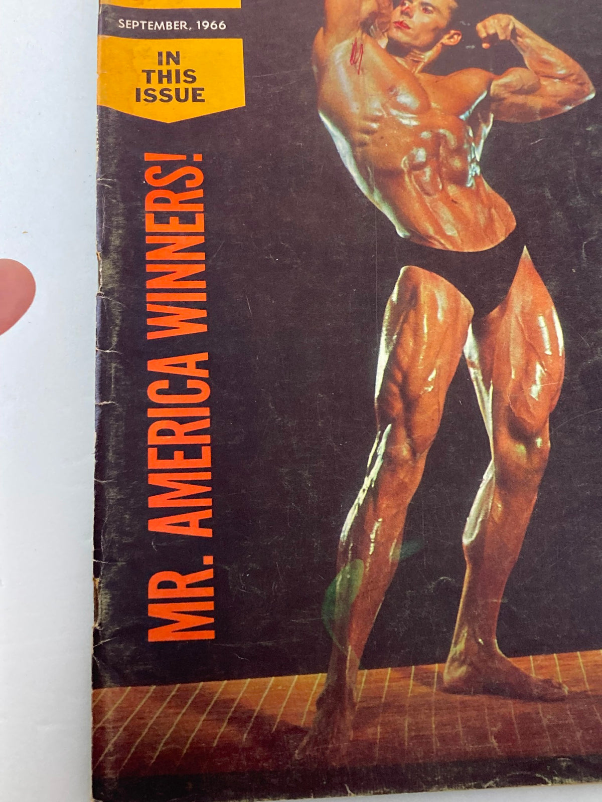 Close-up of the cover of VTG Muscular Development Magazine September 1966, highlighting Ron Margason and the title 'MR. AMERICA WINNERS!'