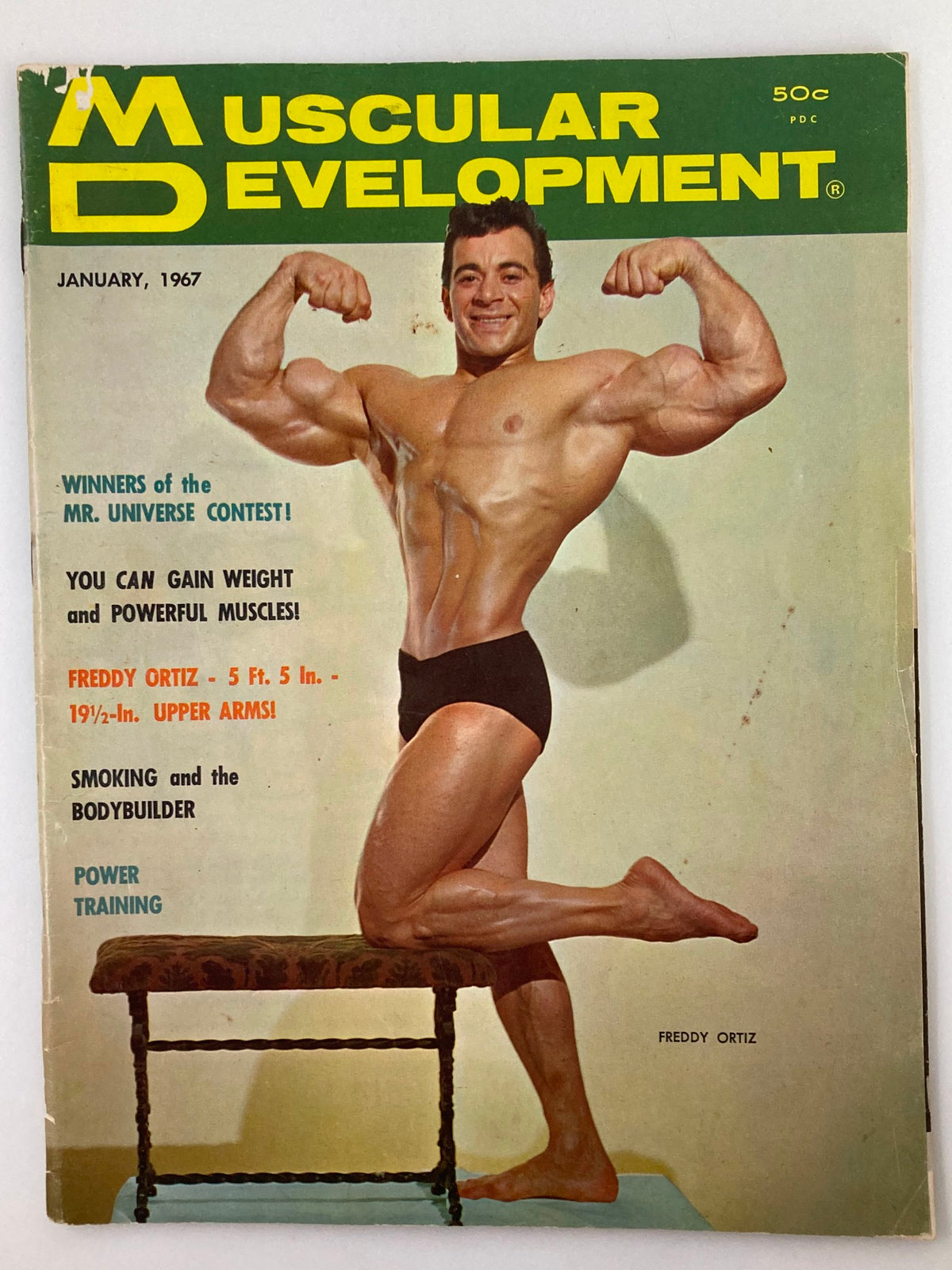 Cover of VTG Muscular Development Magazine January 1967 Vol 4 #1 featuring bodybuilder Freddy Ortiz posing with strong physique, showcasing fitness culture of the 1960s.