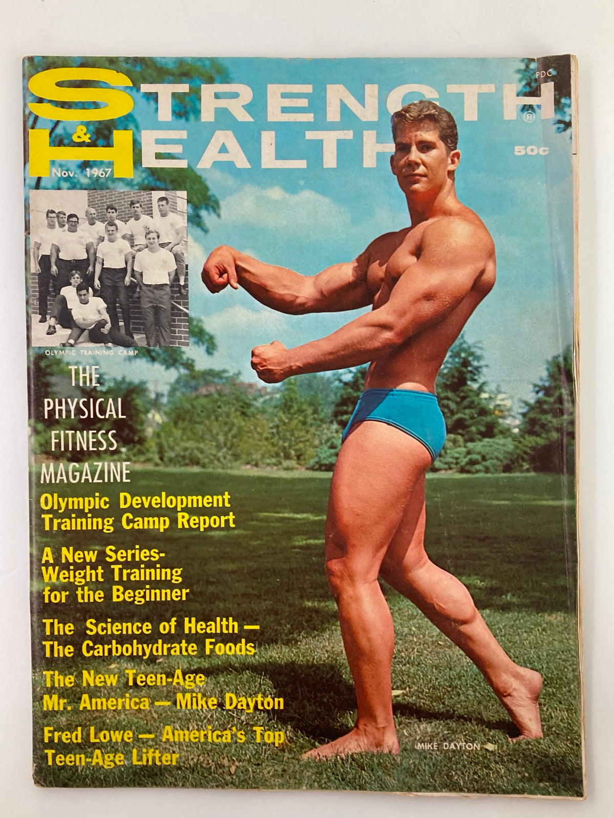 Cover of VTG Strength & Health Magazine November 1967 showcasing Mike Dayton with a muscular physique in a blue swimsuit, highlighting articles on Olympic training and health.
