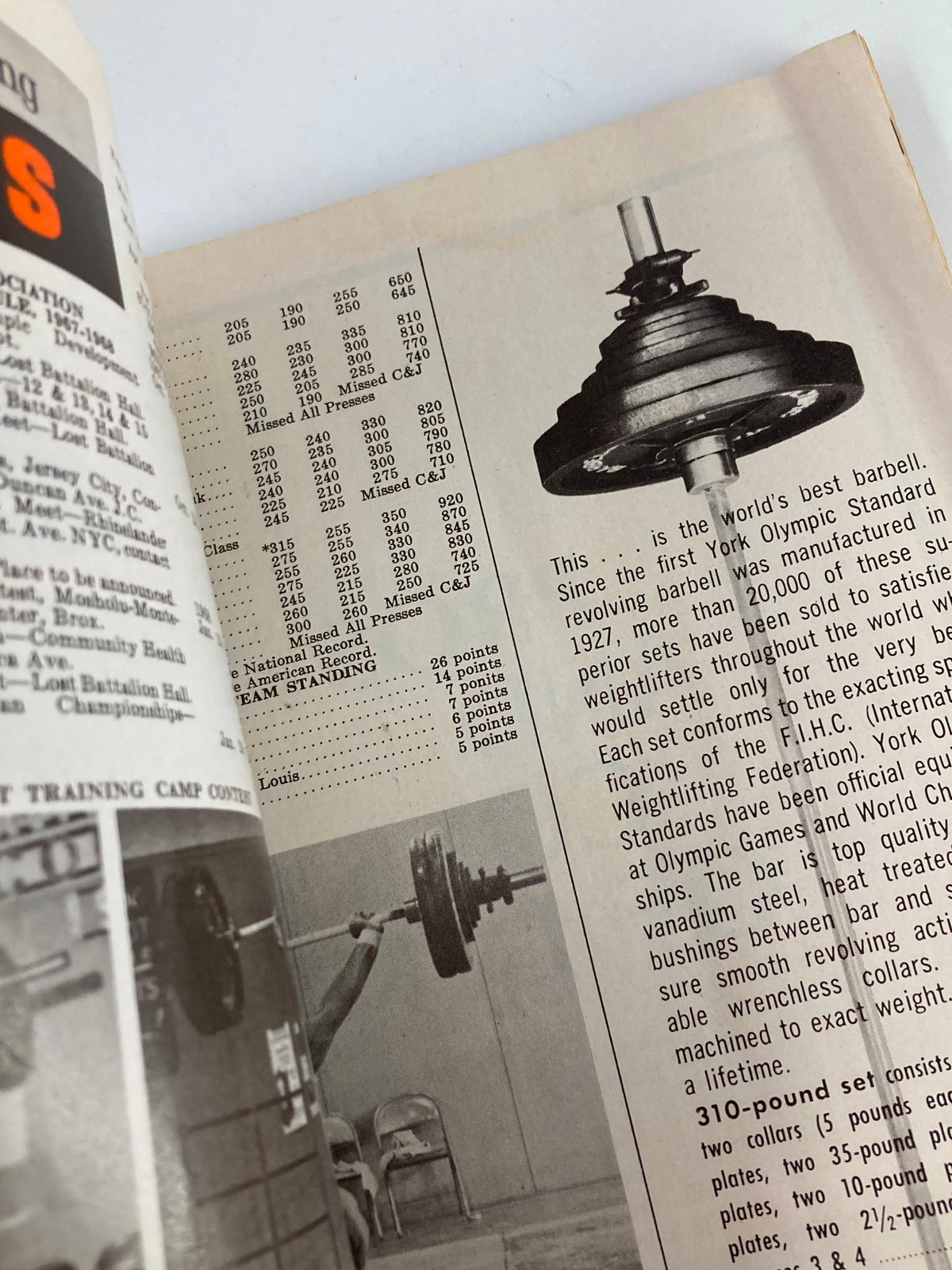 Interior page of VTG Strength & Health Magazine November 1967 showcasing a barbell advertisement and weightlifting stats, Volume 35 Number 11 featuring Mike Dayton on the cover.
