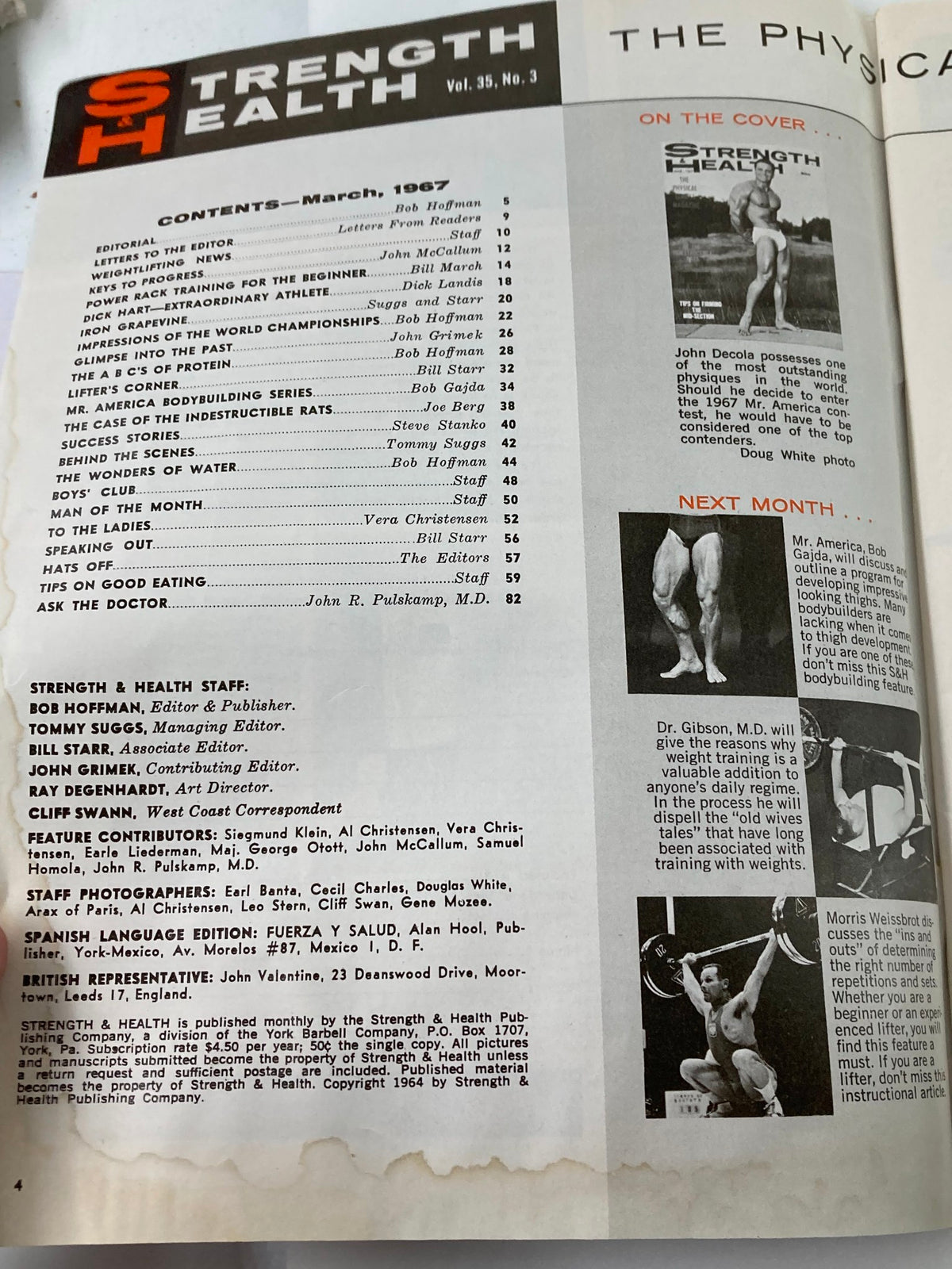 Table of contents from VTG Strength & Health Magazine March 1967 Vol 35 #3 featuring articles on bodybuilding and fitness.
