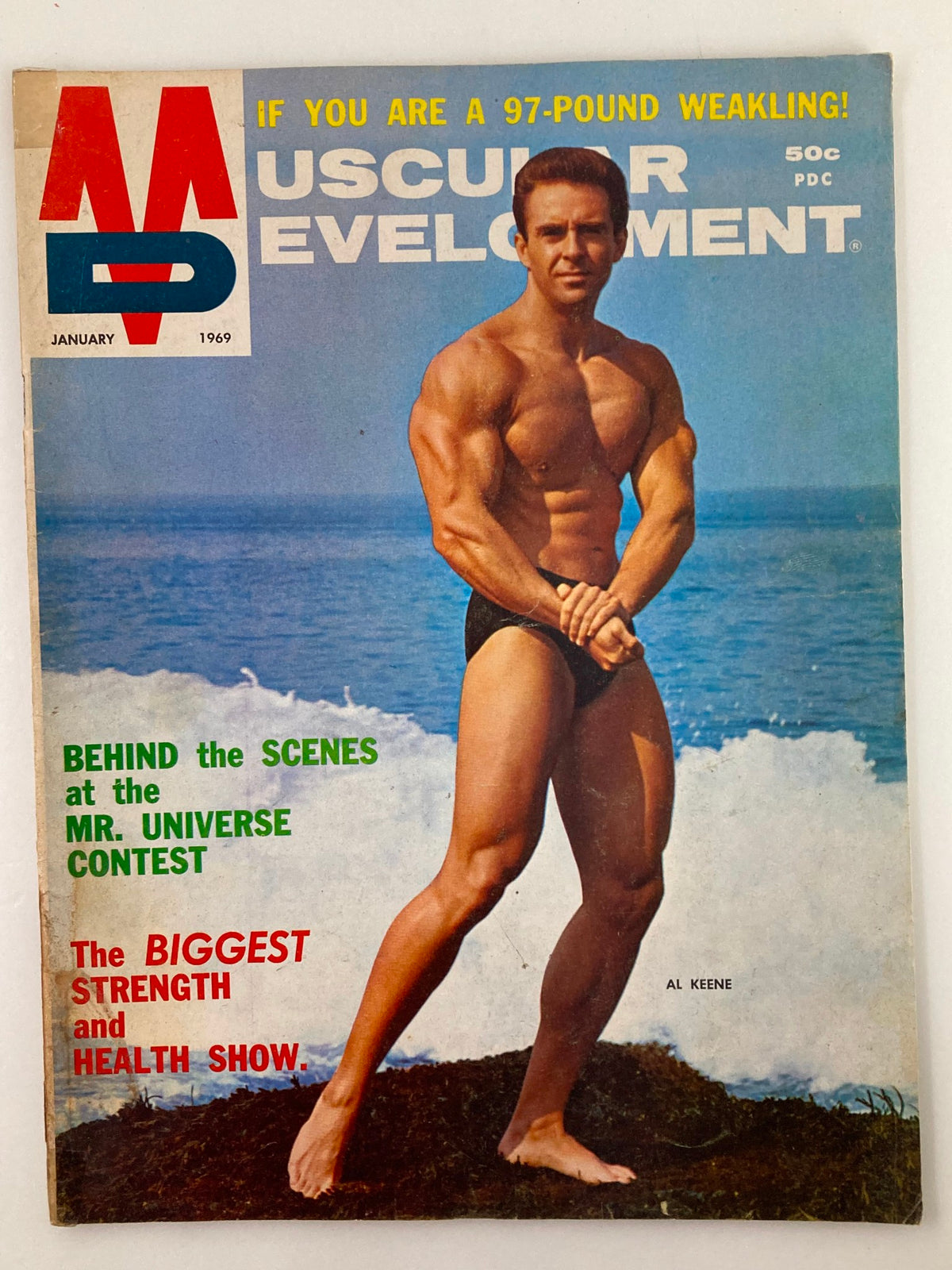 Cover of VTG Muscular Development Magazine January 1969 Vol 6 #1 featuring Al Keene, a prominent bodybuilder, showcasing his physique by the ocean.