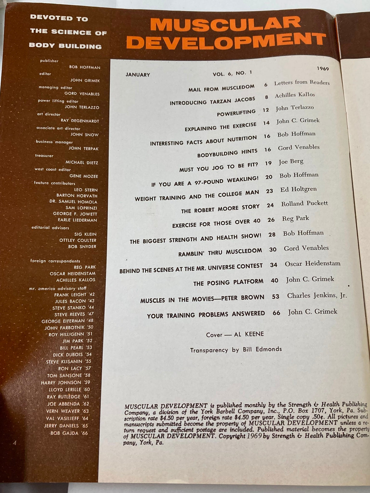 Contents page of VTG Muscular Development Magazine January 1969 Vol 6 #1, detailing articles including training tips and the Mr. Universe contest.