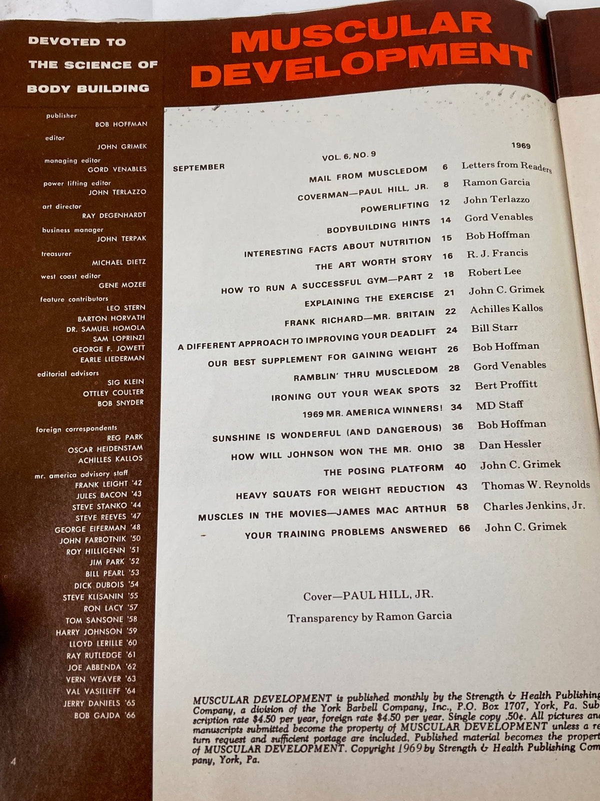 Page from VTG Muscular Development Magazine, September 1969, Volume 6, Issue #9 featuring contents and contributors list, highlighting Paul Hill Jr. on the cover.