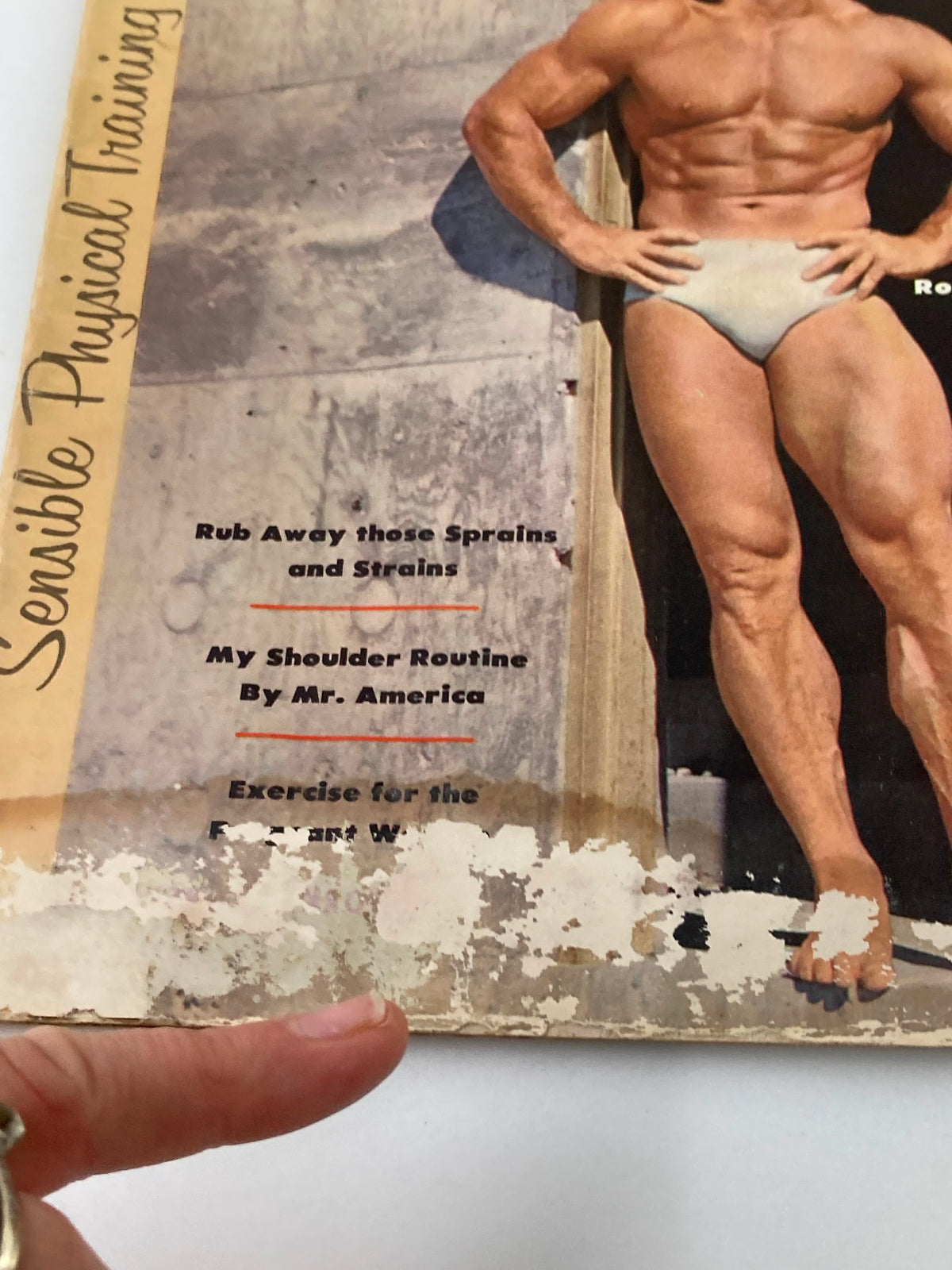 Close-up of VTG Strength & Health Magazine August 1958 cover, highlighting content titles including training tips and exercises.