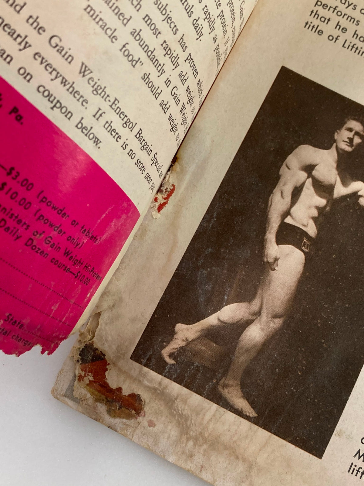Interior page of the VTG Muscular Development Magazine February 1966 featuring a bodybuilder's photograph along with advertisement text.