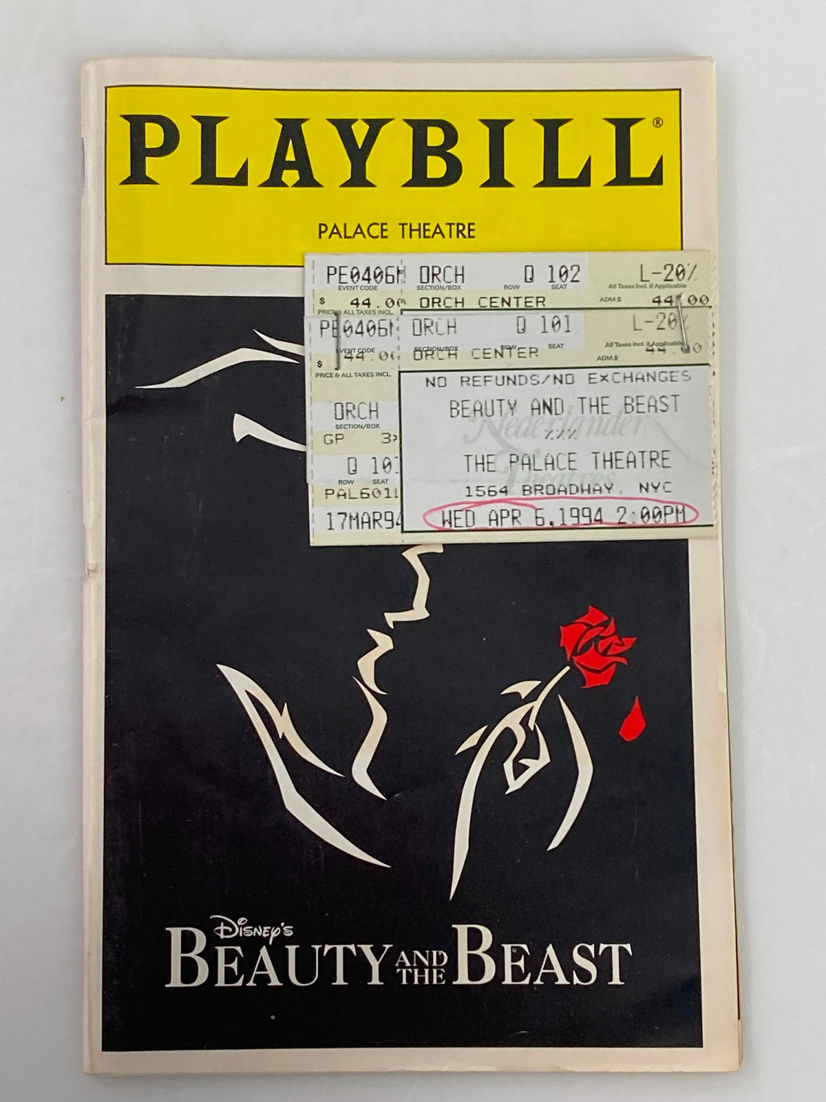 1994 Playbill for Beauty and the Beast at Palace Theatre featuring Susan Egan and Terrence Mann, with ticket stubs for the performance dated April 6, 1994.