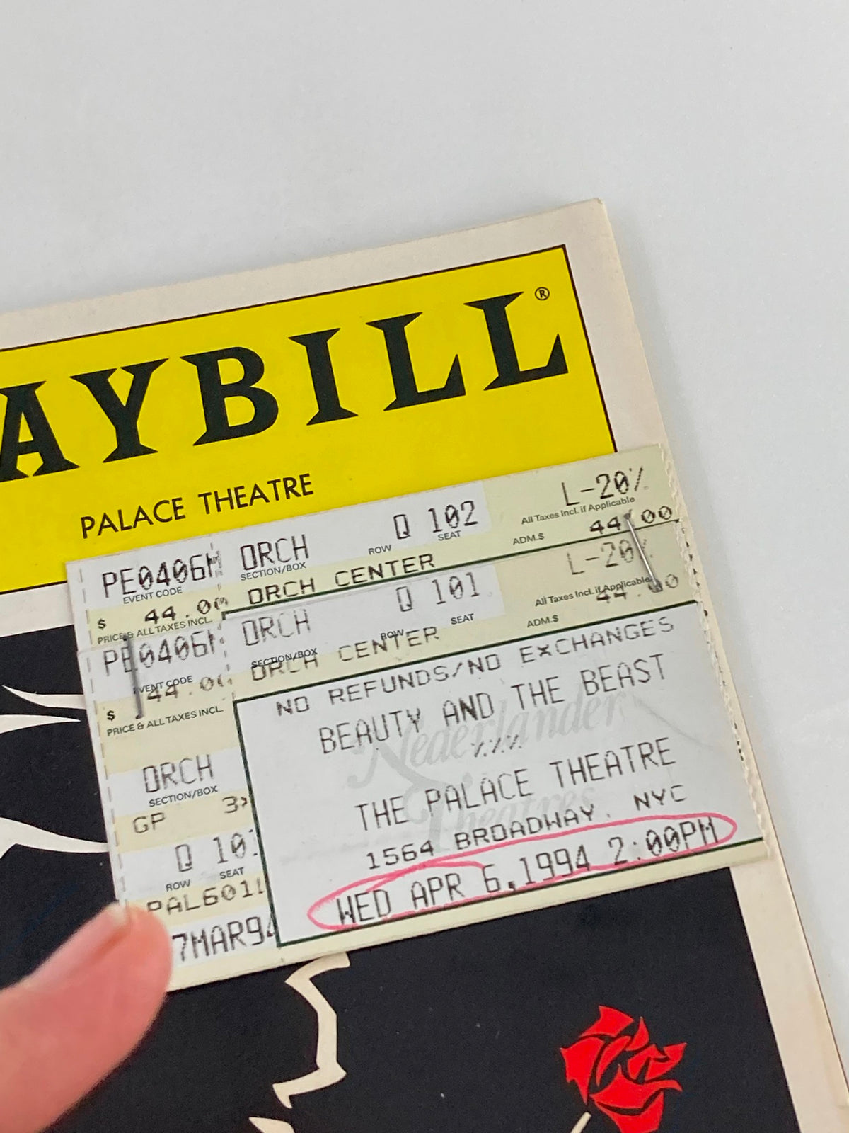 Ticket stubs from the 1994 performance of Beauty and the Beast at the Palace Theatre featuring Susan Egan and Terrence Mann. A part of the original Playbill.
