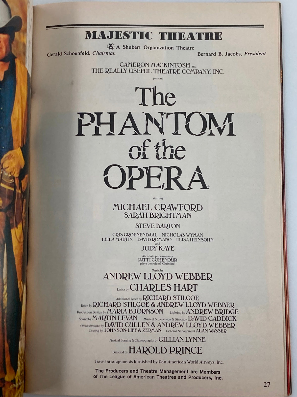 Page from the 1988 Playbill, showcasing the cast and musical credits for The Phantom of the Opera, with emphasis on Michael Crawford and Sarah Brightman.