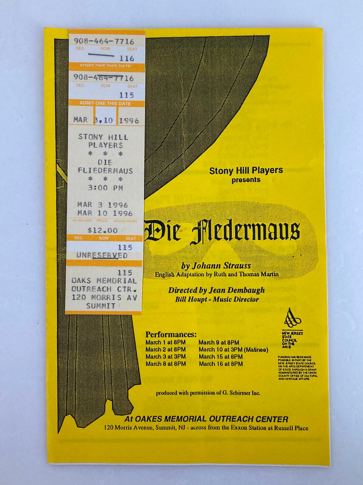1996 Stony Hill Players Program featuring tickets and details for the performance of Die Fledermaus, March 3 and March 10, 1996.