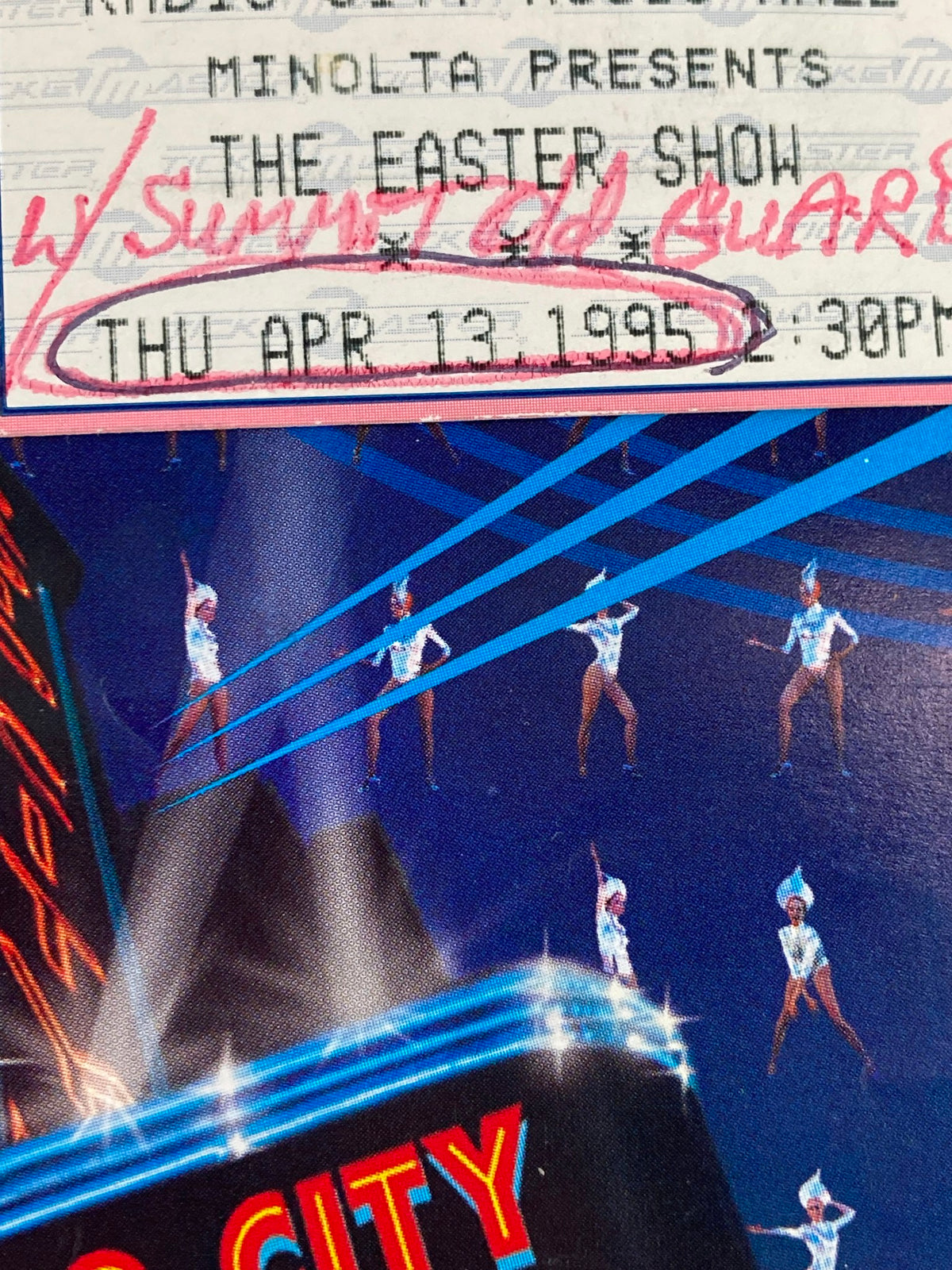 1995 Radio City Music Hall The Rockettes & Gregg Burge in Easter Show, highlighting a close-up of a ticket with performance details including the show date and time.