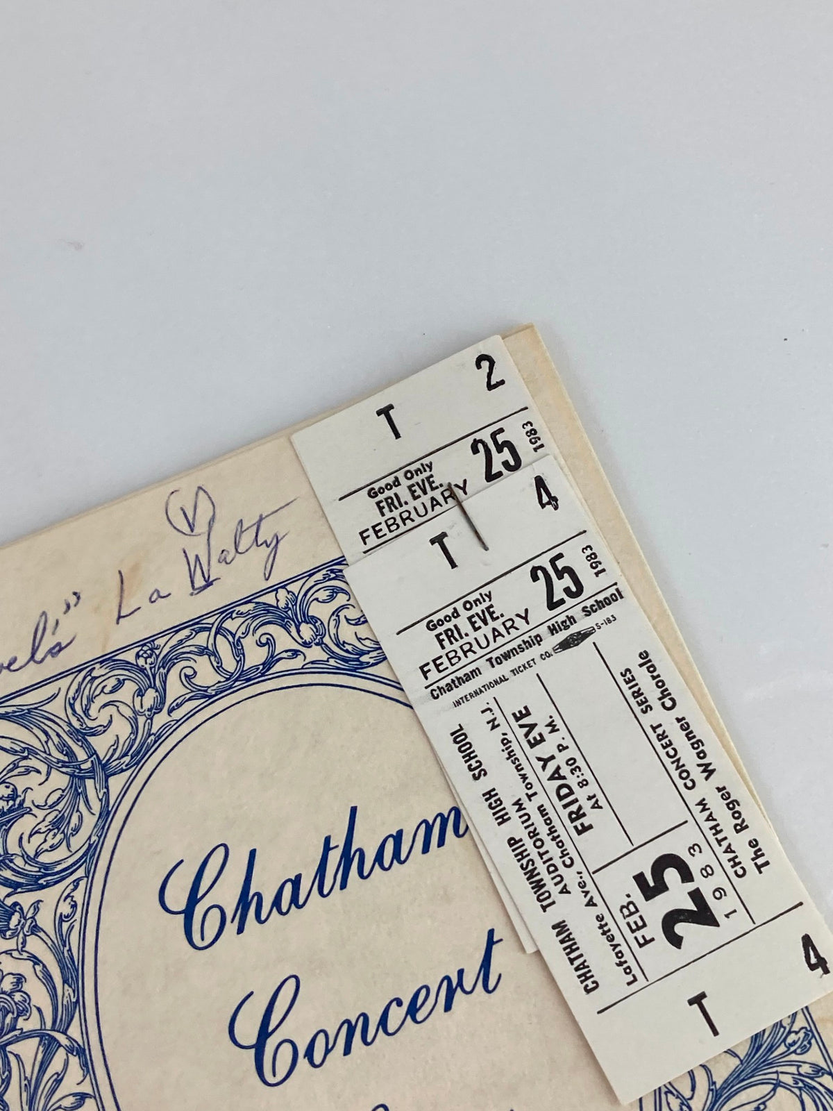 Close-up view of the 1983 Chatham Township High School Auditorium The Roger Wagner Chorale Playbill with concert tickets visibly attached.