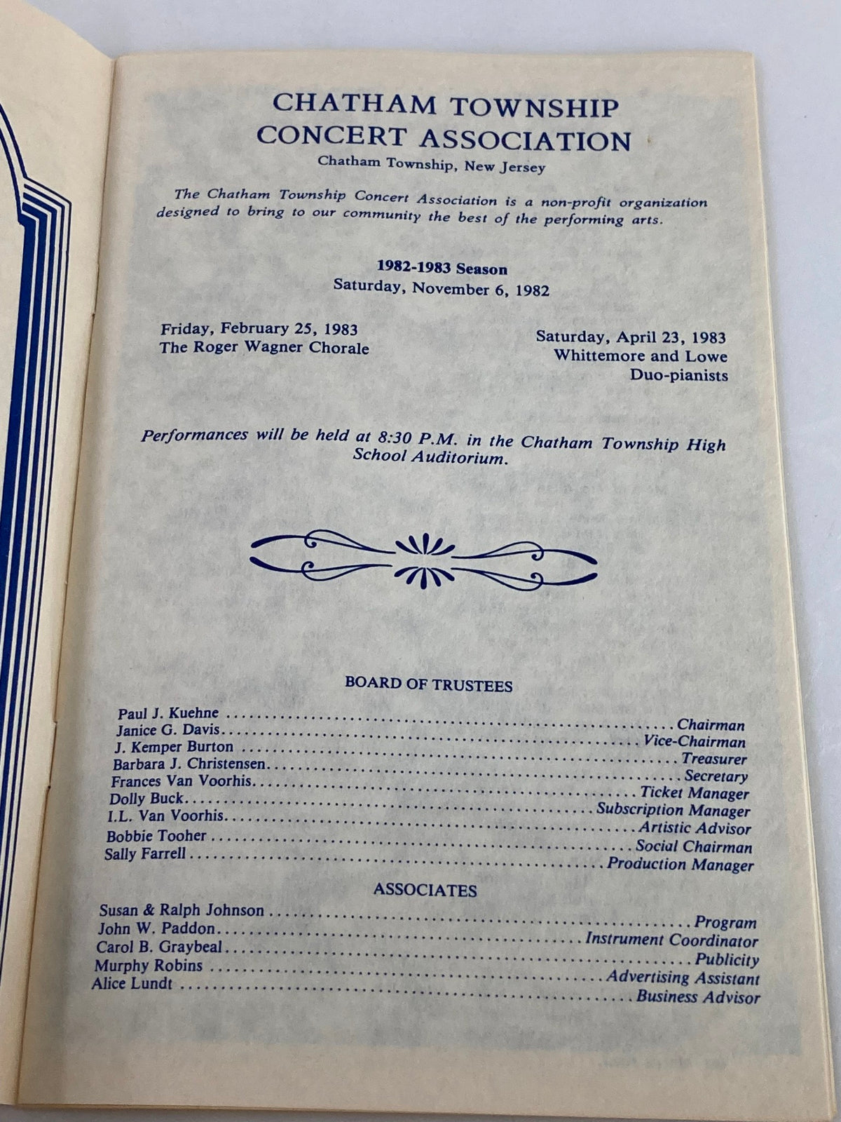Interior page of the 1983 Chatham Township High School Auditorium The Roger Wagner Chorale program, detailing performance information and board of trustees.