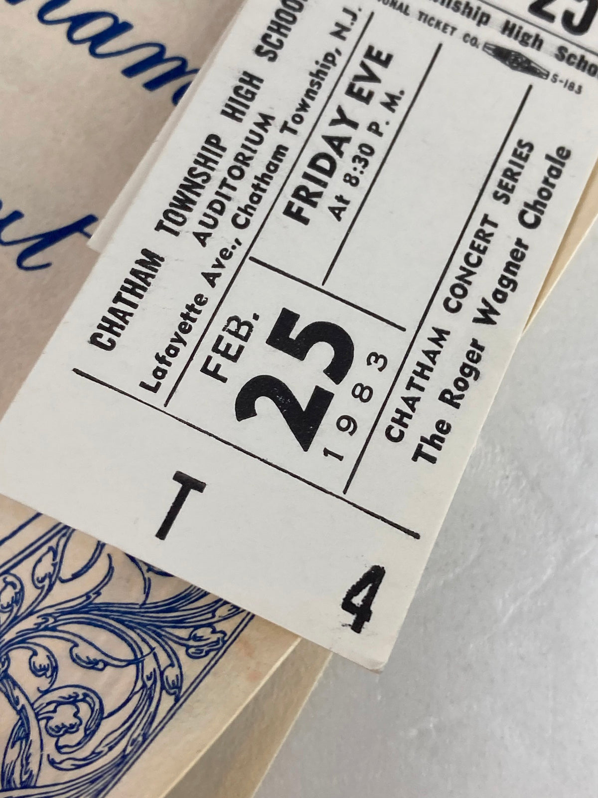 1983 Chatham Township High School Auditorium The Roger Wagner Chorale ticket dated February 25, 1983, featuring details of the event and seat number.