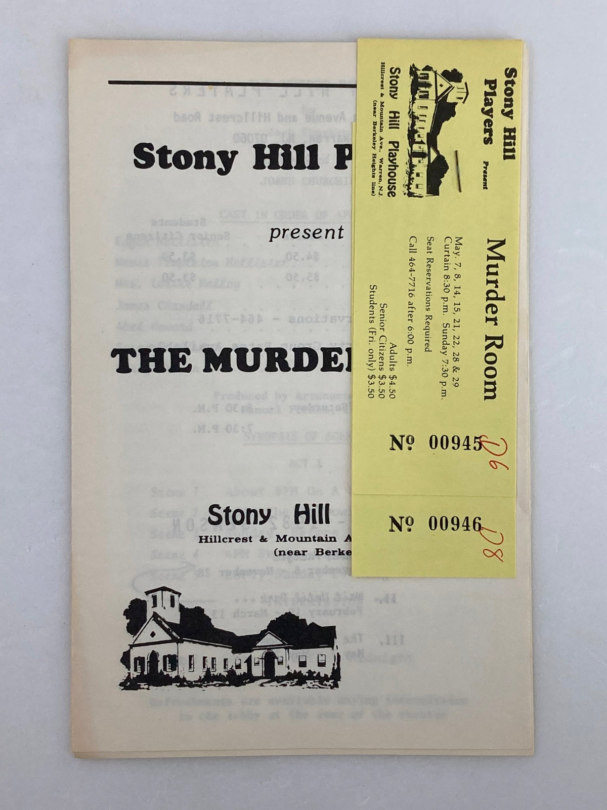 Playbill for the 1981-1982 Stony Hill Players production of 'The Murder Room' featuring ticket stubs.