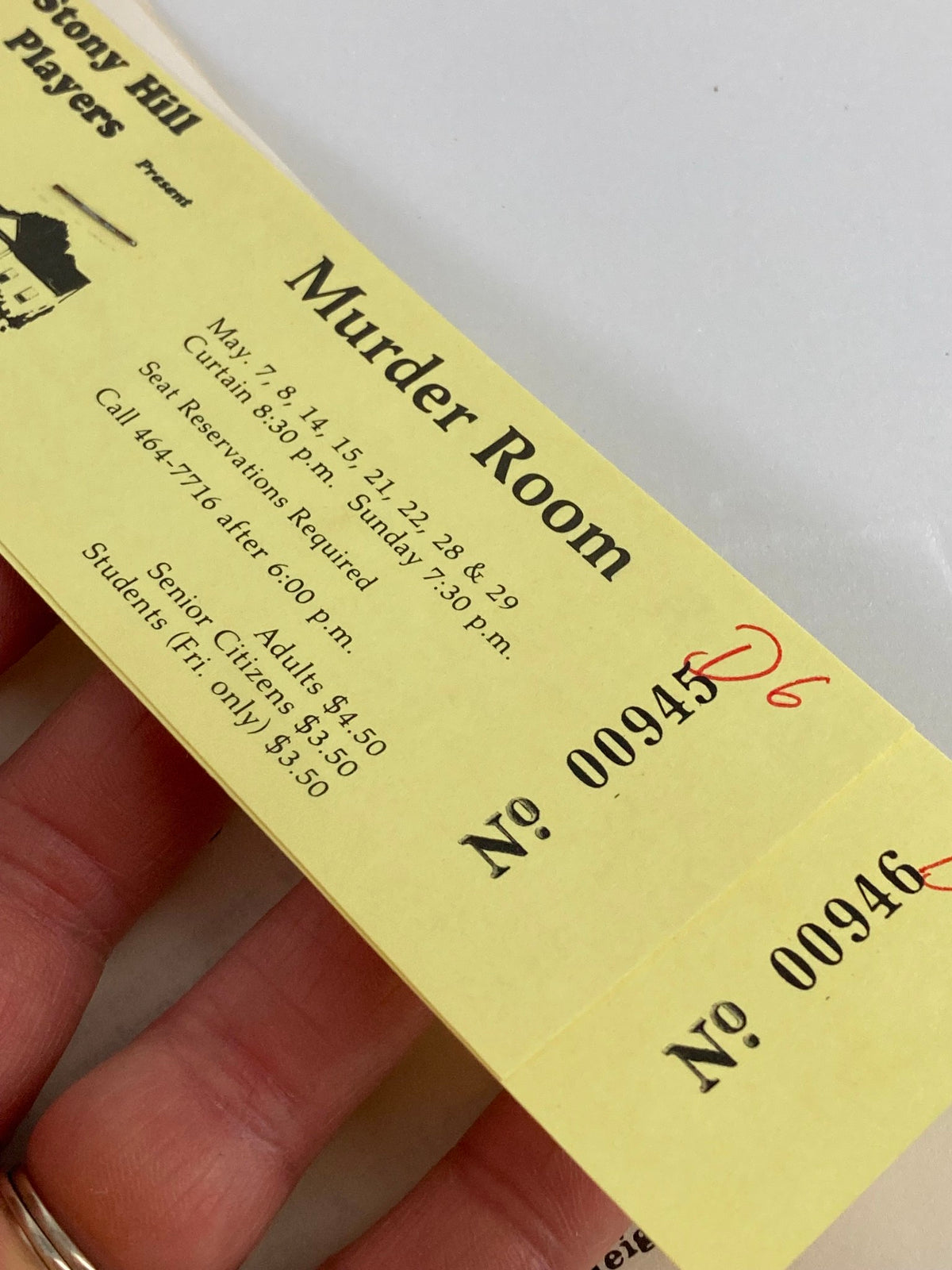 Close-up of ticket stubs for the 'Murder Room' performance by Stony Hill Players during the 1981-1982 season.