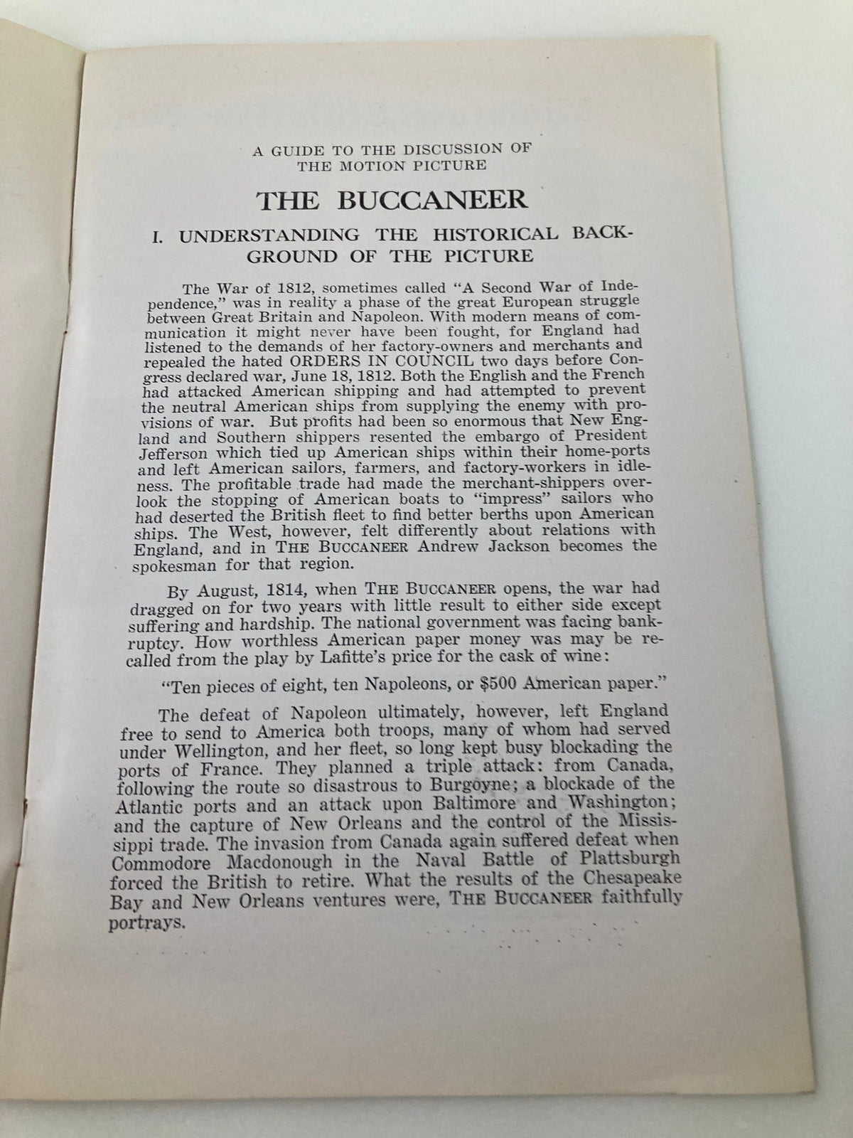 Page from the 1938 Photoplay Studies Program 'The Buccaneer', detailing the historical background of the picture during the War of 1812.