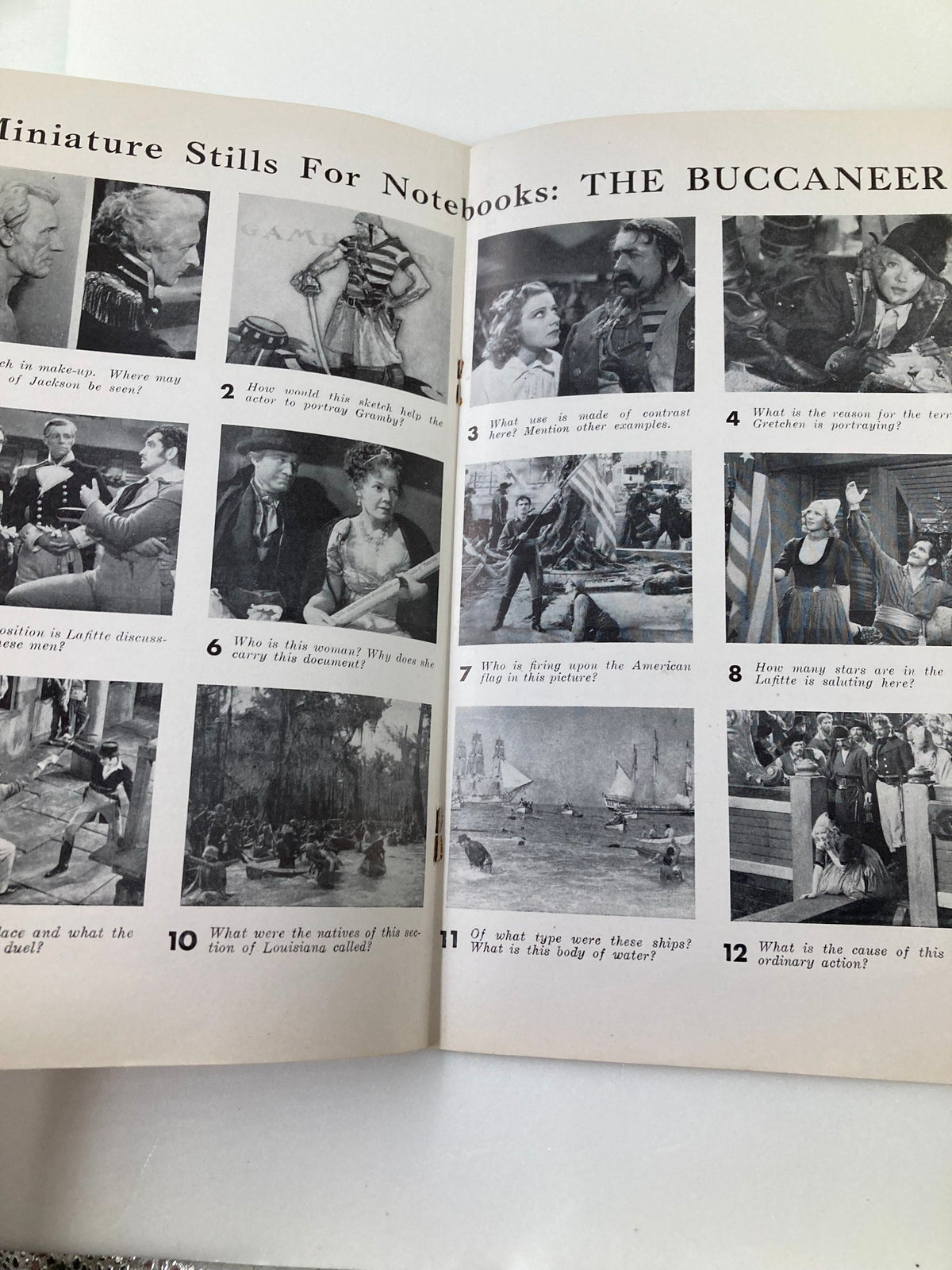 Miniature stills page from the 1938 Photoplay Studies Program 'The Buccaneer', showcasing questions about key scenes and characters in the film.