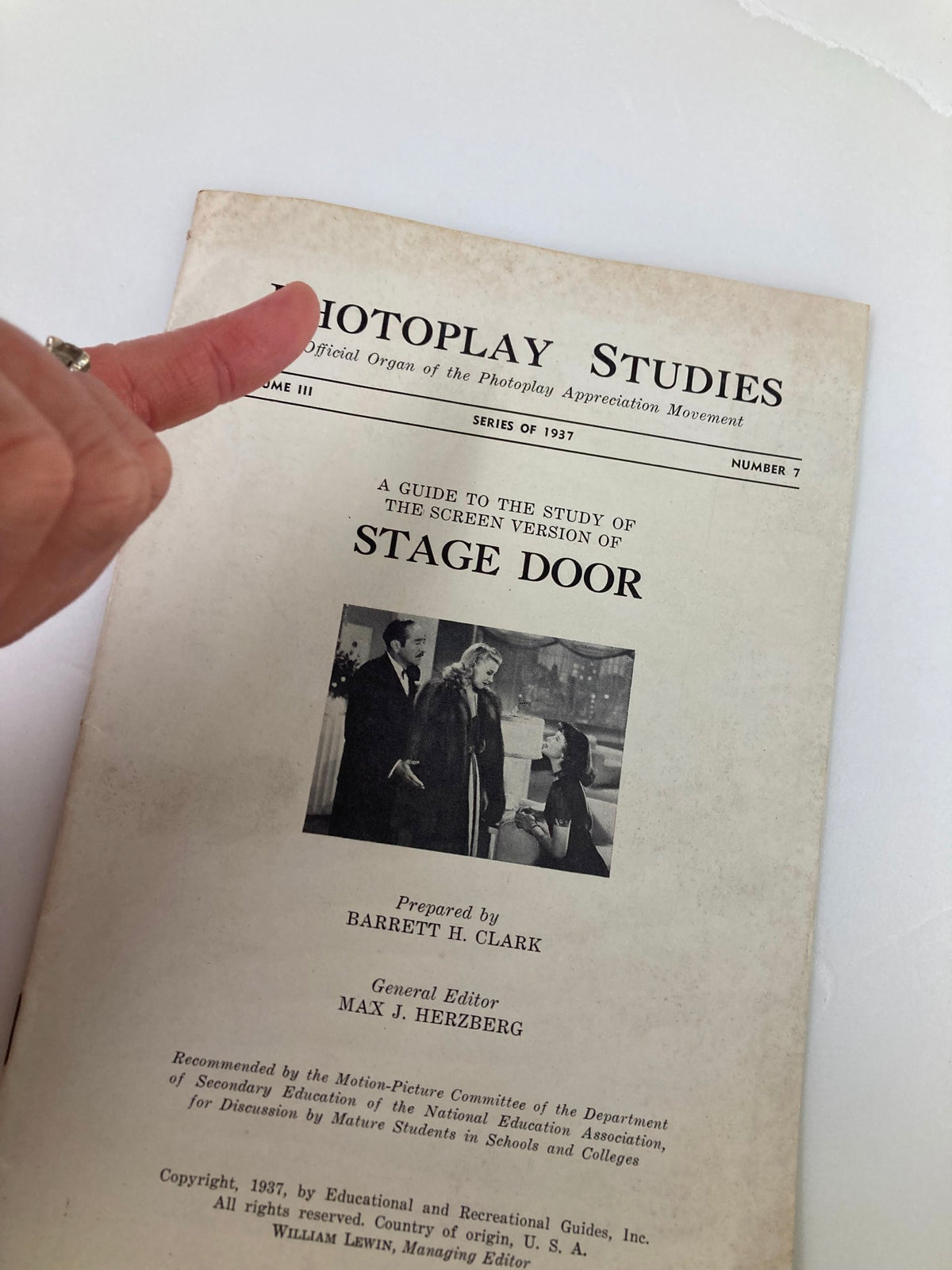 Close-up of the cover page of the 1937 Photoplay Studies Program Volume 3 #7 'Stage Door' by Barbeth H. Clark, highlighting the title and authors along with an image from the stage adaptation.
