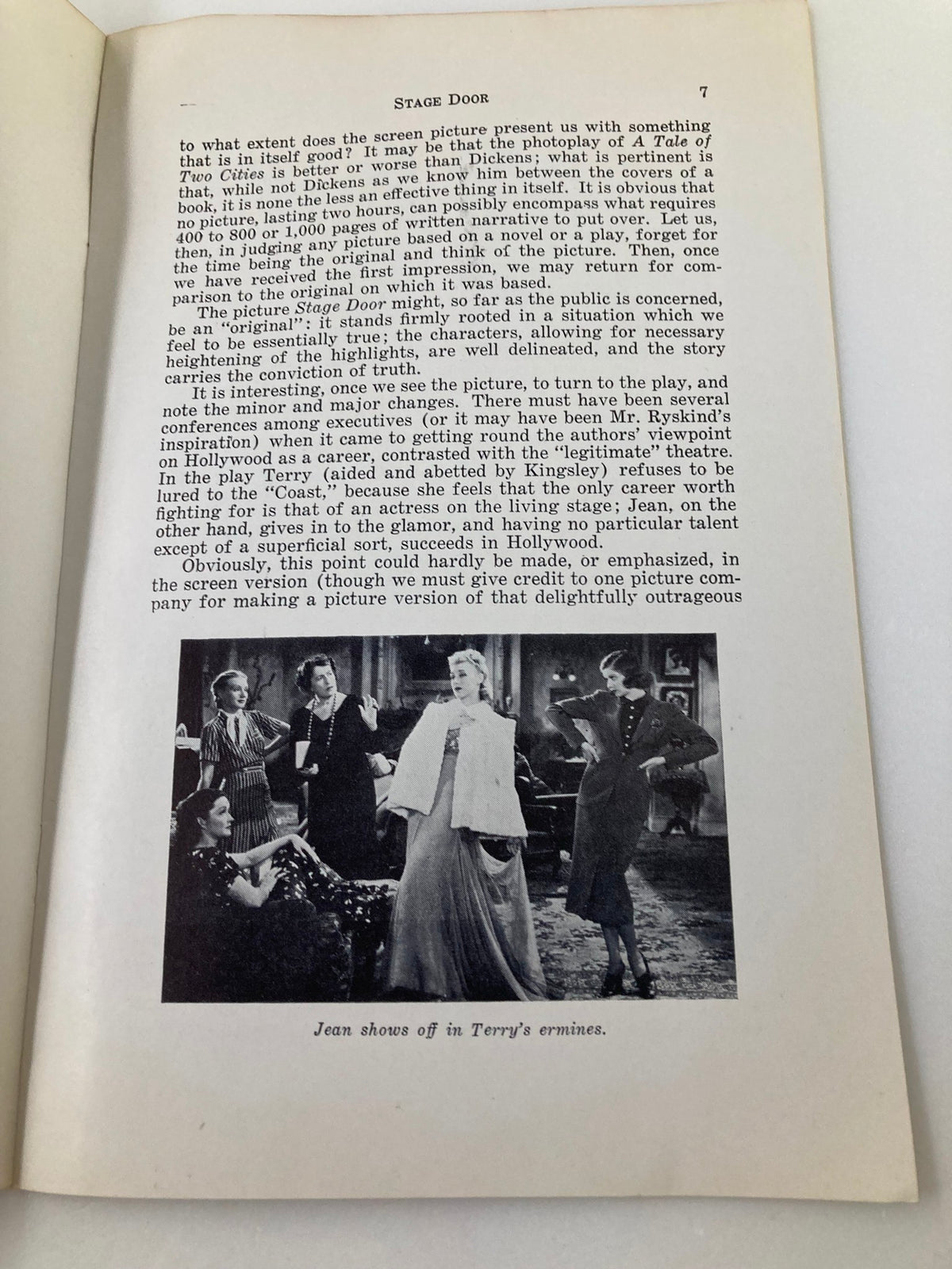 An excerpt from the 1937 Photoplay Studies Program Volume 3 #7 'Stage Door' detailing the adaptation of stage elements to film, including a photograph from the movie.