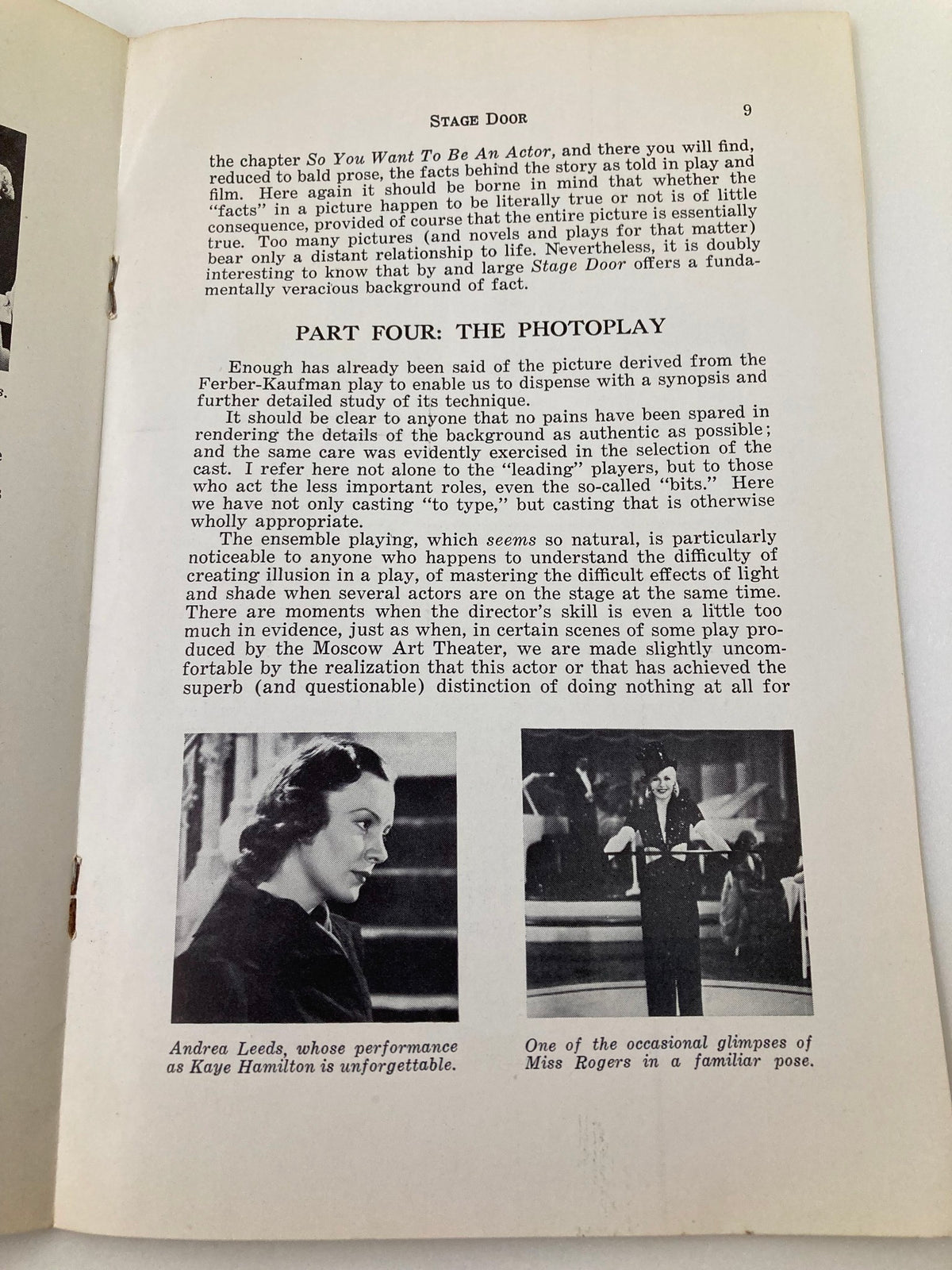 Another interior page from the 1937 Photoplay Studies Program Volume 3 #7 'Stage Door', featuring commentary on the performances and a portrait of actress Andrea Leeds.