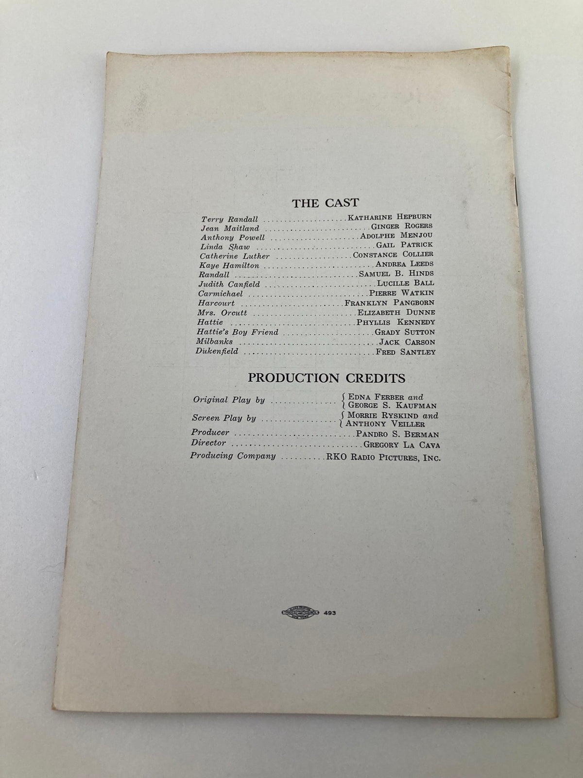 Back cover of the 1937 Photoplay Studies Program Vol 3 #7 Stage Door by Barbeth H. Clark, listing the cast and production credits.