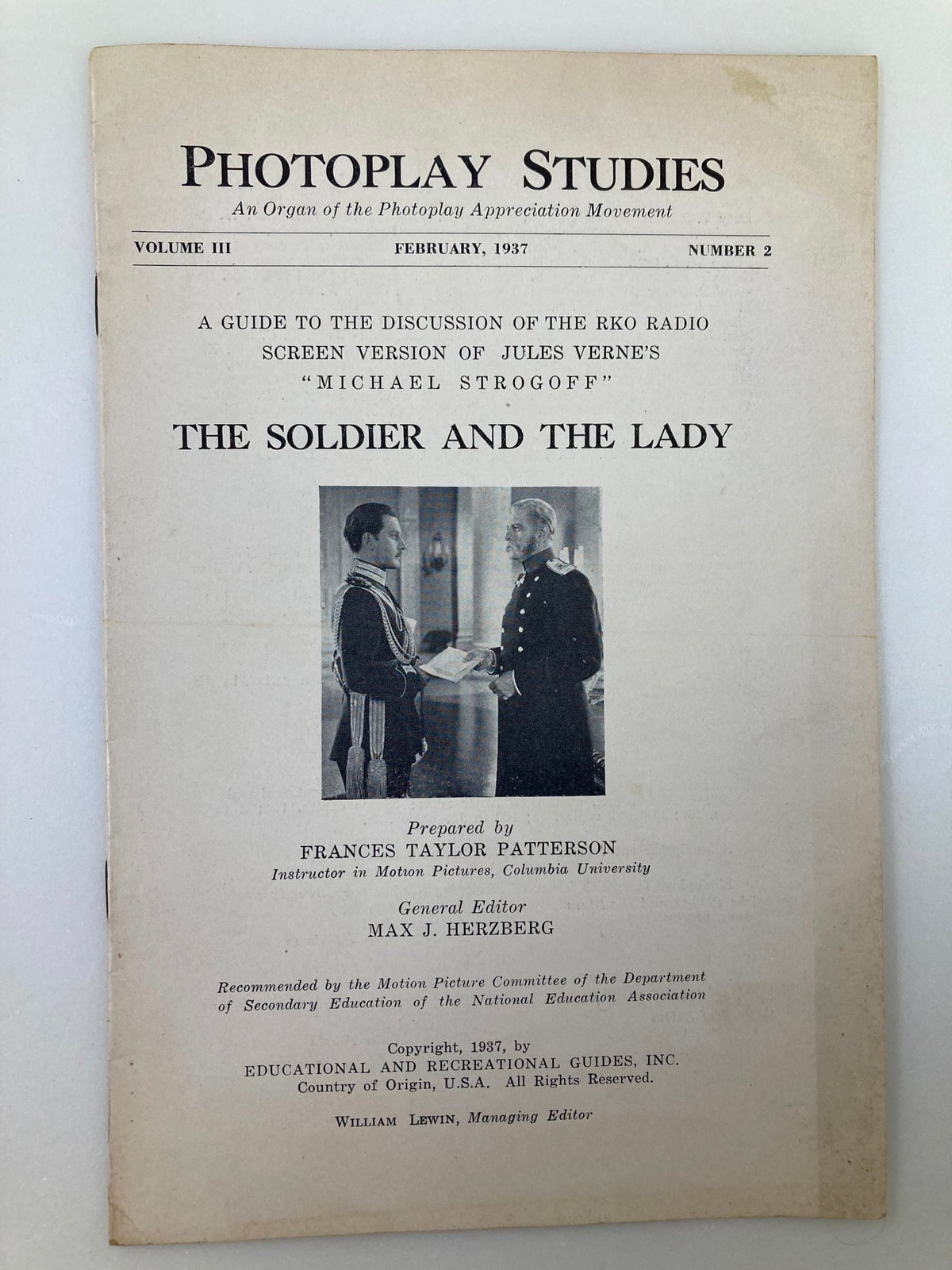 Cover of the 1937 Photoplay Studies Program Vol 3 #2: The Soldier and The Lady featuring the title prominently and featuring a historical image from the film