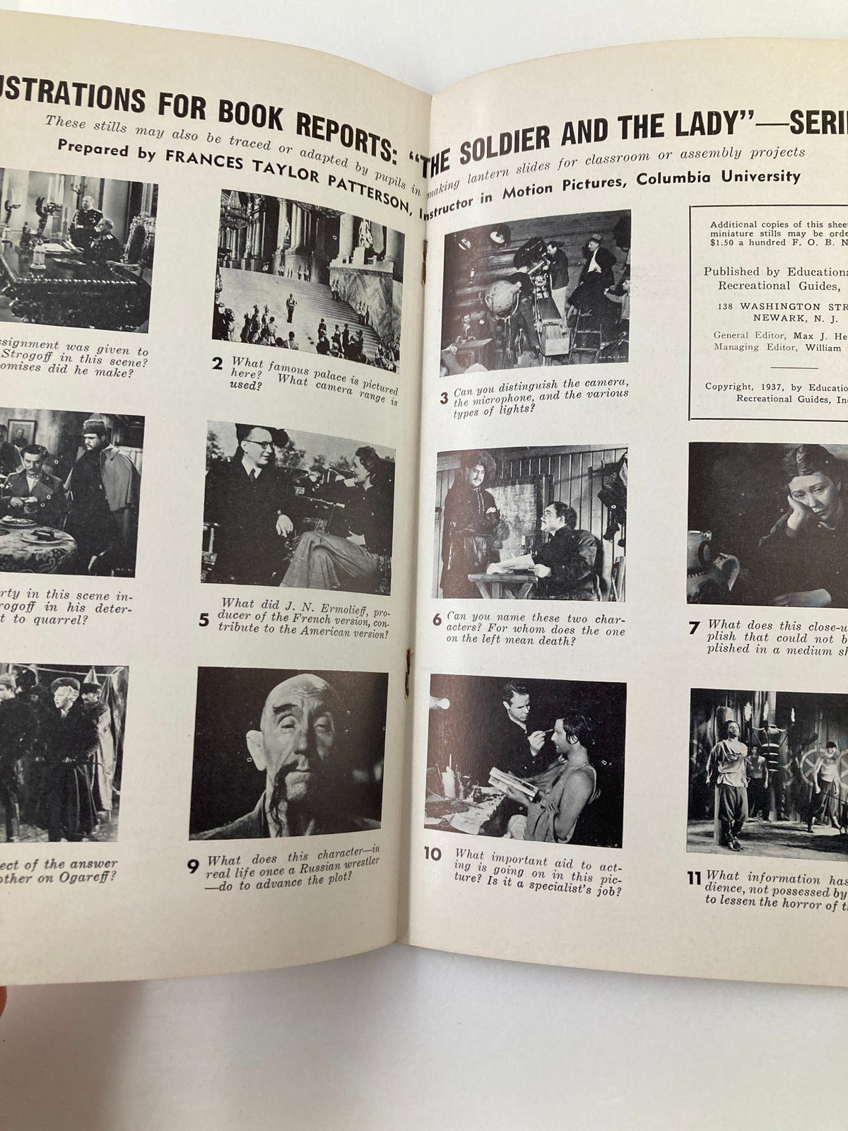 Page from 1937 Photoplay Studies Program Vol 3 #2: The Soldier and The Lady featuring illustrations and questions for book reports, prepared by Frances Taylor Patterson.