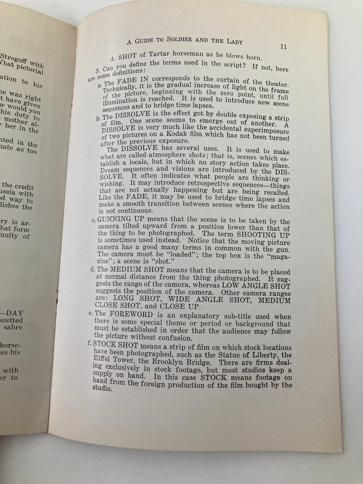 Page from 1937 Photoplay Studies Program Vol 3 #2: The Soldier and The Lady with definitions and descriptions of filmmaking terms including camera shots and techniques.