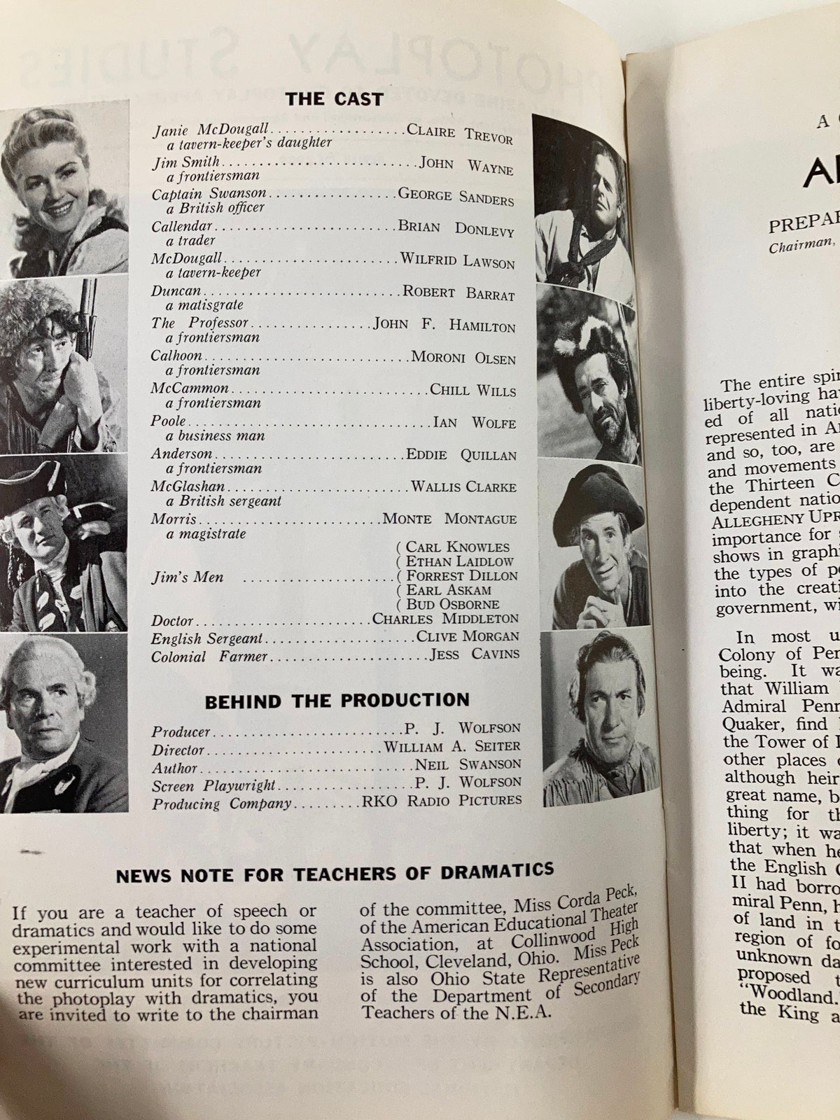 Inside page of the 1939 Photoplay Studies Program Vol 5 #22 listing the cast and crew of Allegheny Uprising, illustrating the film's notable actors and production details.