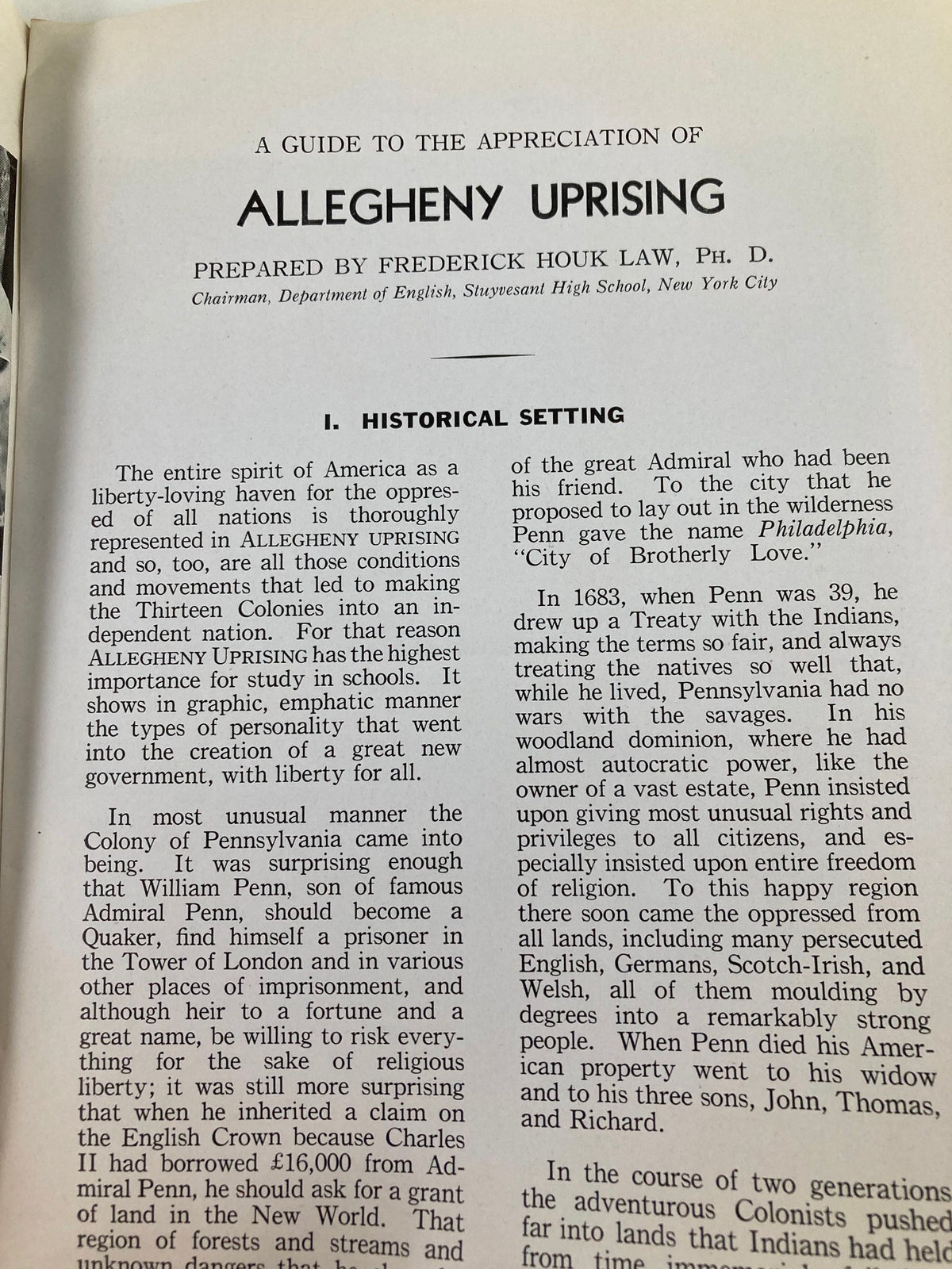 A page from the 1939 Photoplay Studies Program Vol 5 #22 featuring a historical guide to 'Allegheny Uprising' prepared by Frederick Houk Law, discussing its historical setting and significance.