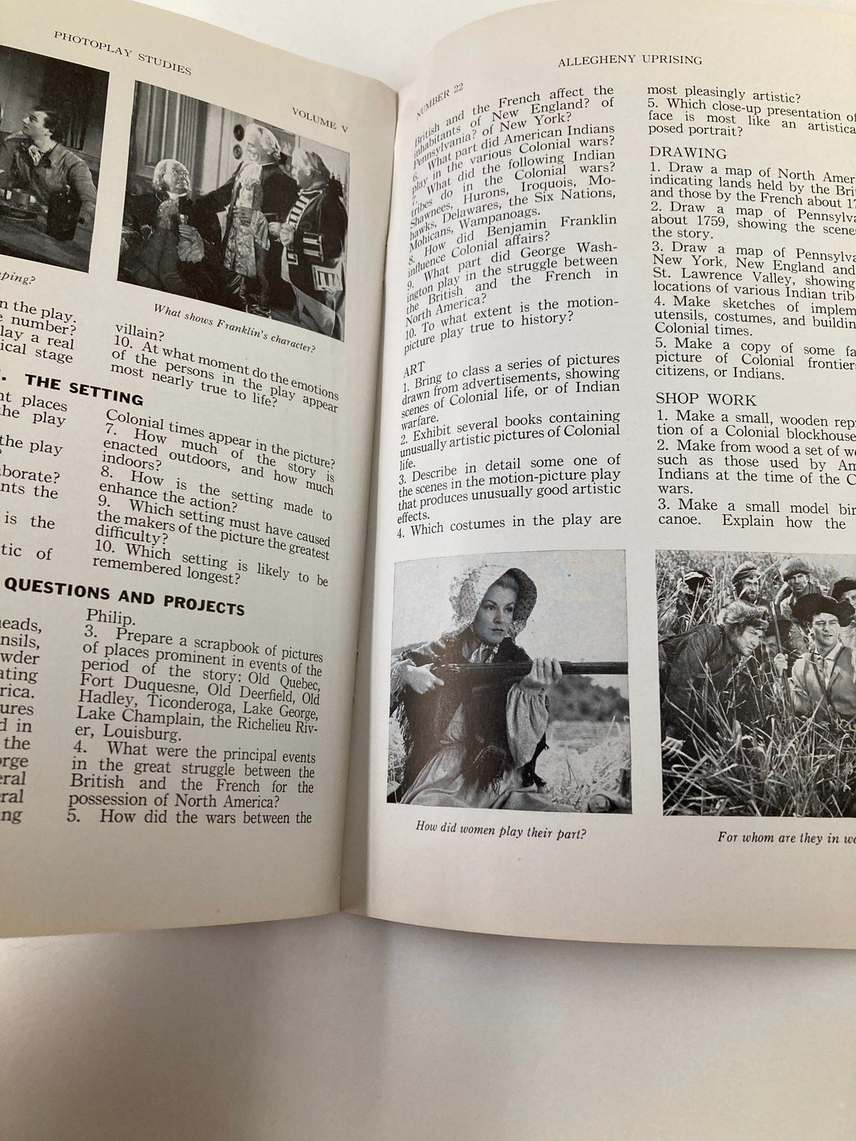 An interior page of the 1939 Photoplay Studies Program Vol 5 #22, showing questions and projects related to the film 'Allegheny Uprising', along with images depicting scenes and characters from the movie.
