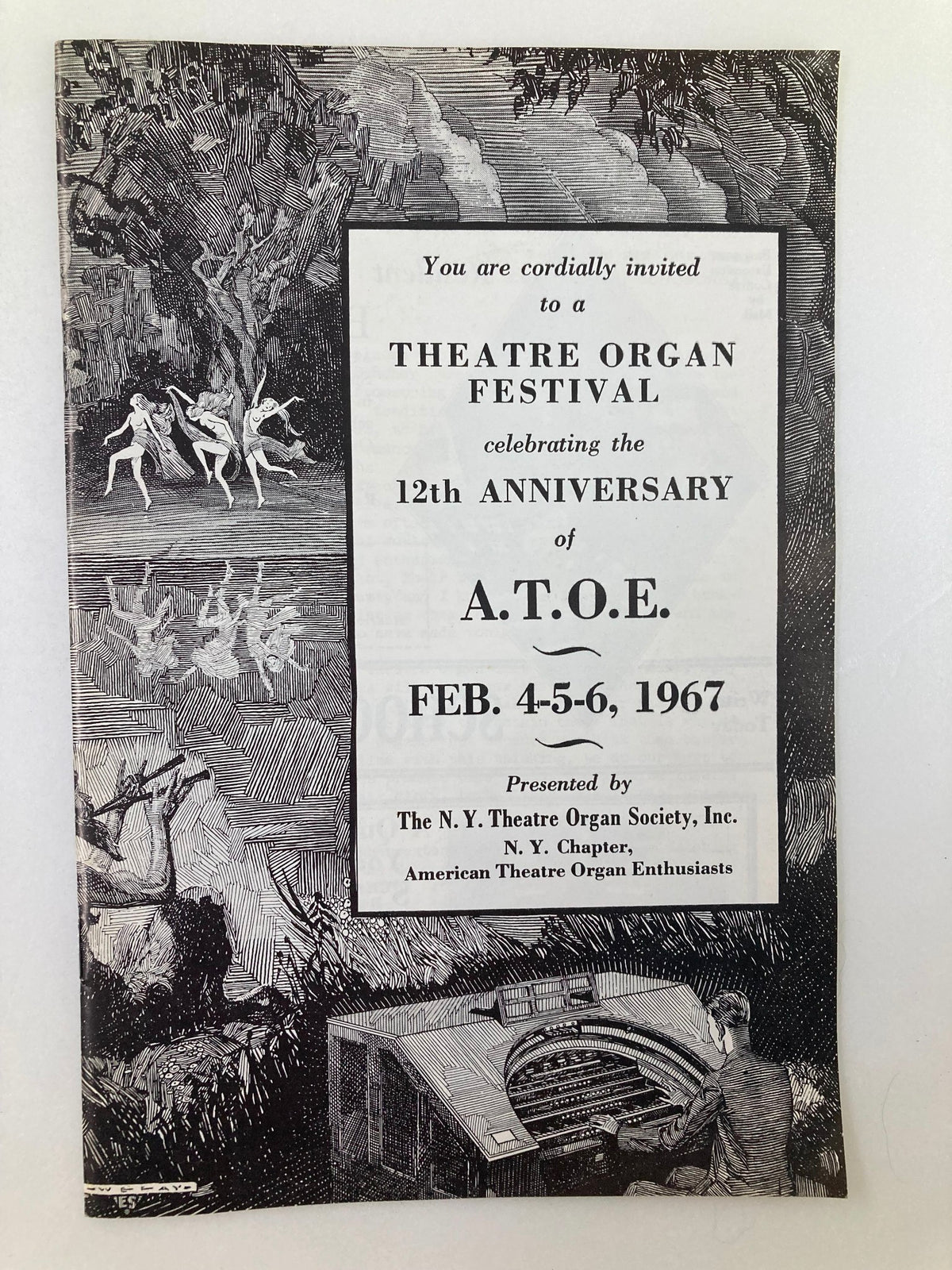 Cover of the 1967 Theatre Organ Festival Program featuring artistic design and invitation to the festival, celebrating the 12th anniversary of A.T.O.E.