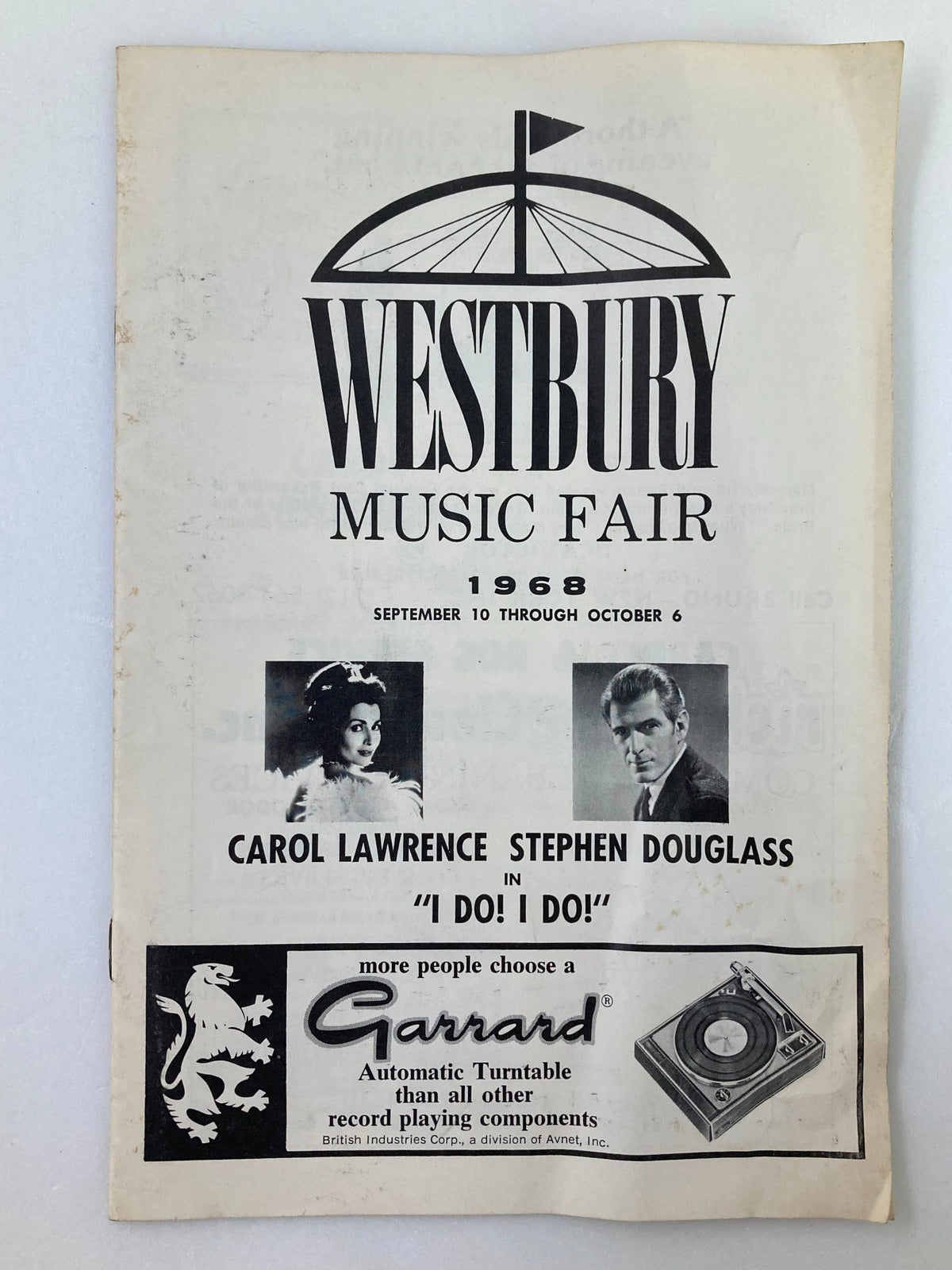 1968 Westbury Music Fair program cover featuring Carol Lawrence and Stephen Douglass in I Do! I Do!, showcasing classic Broadway design.