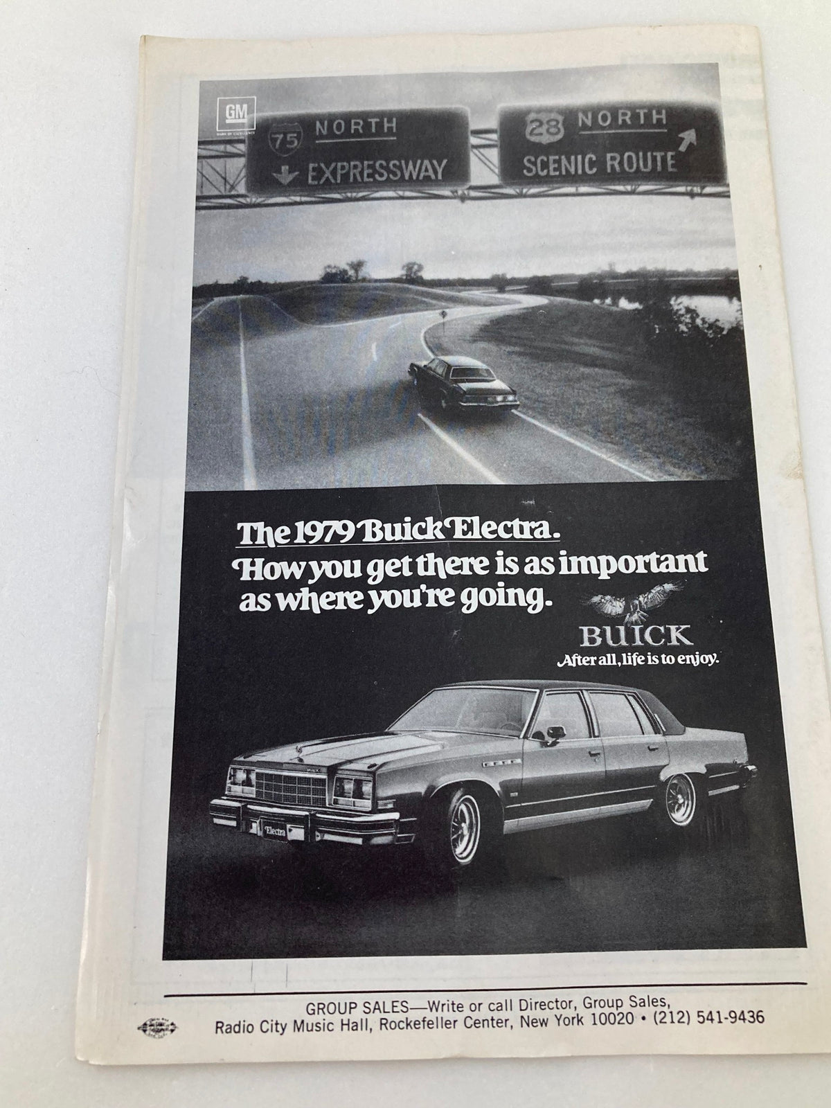 1979 Radio City Music Hall Program advertisement for the Buick Electra car, emphasizing the importance of travel and experience.
