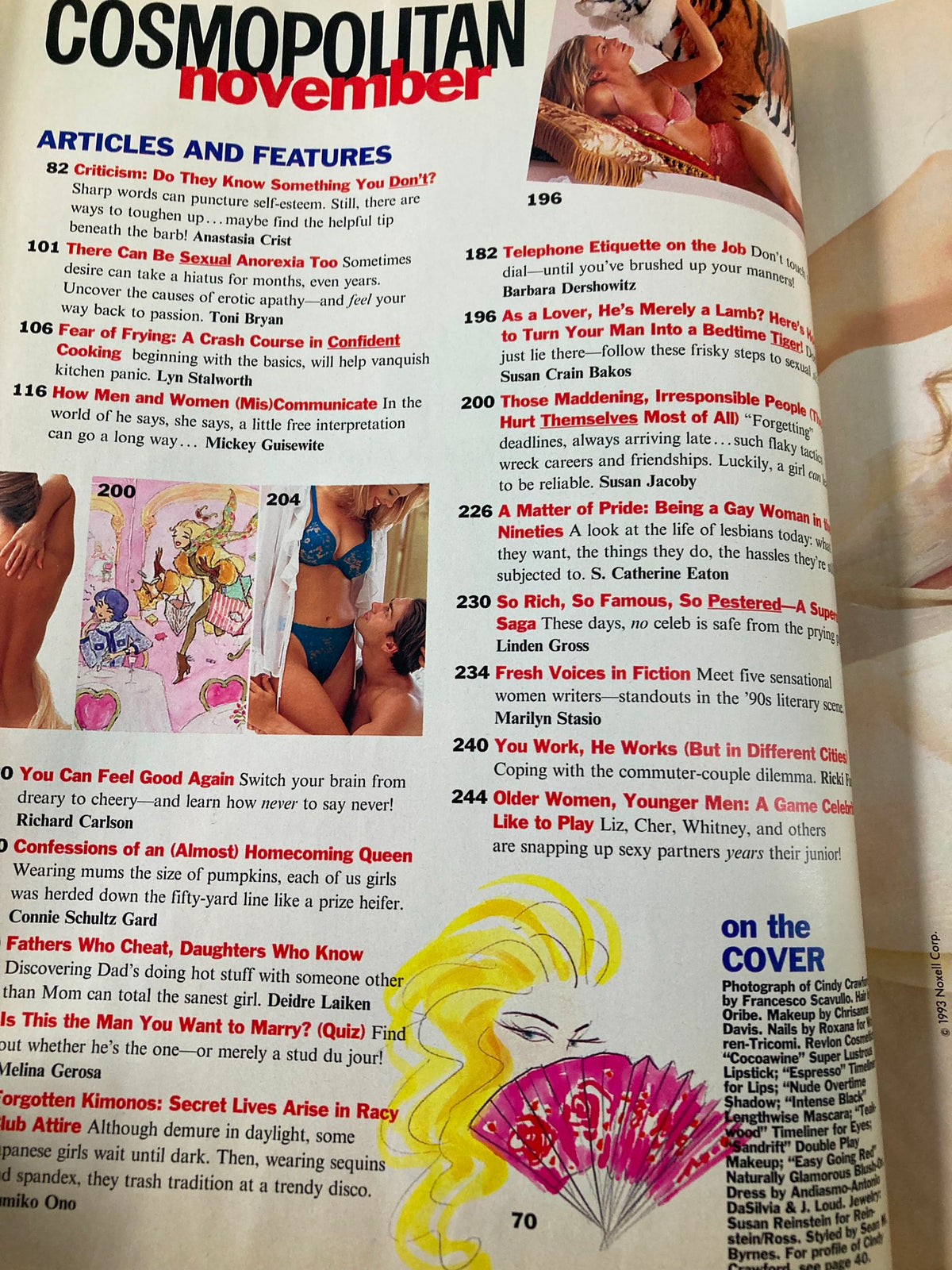 Table of contents from Cosmopolitan Magazine November 1993 showcasing articles and features, including a piece on Brad Pitt.