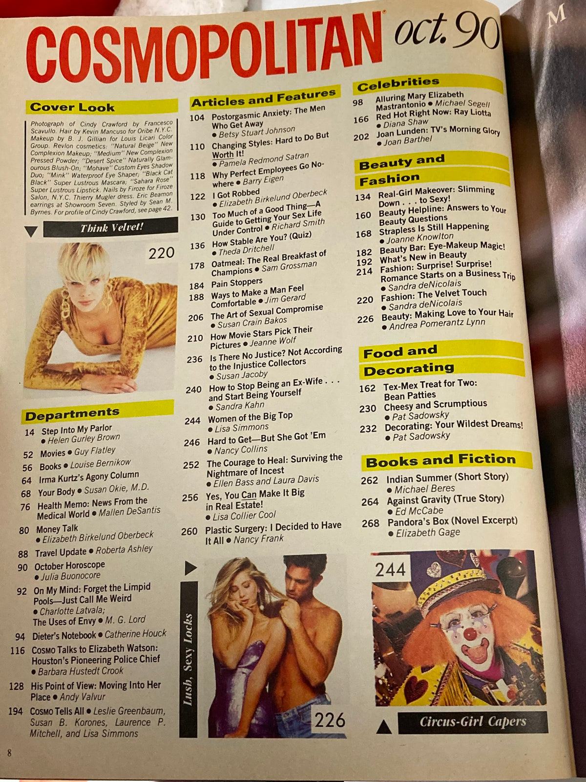 Inside page of Cosmopolitan Magazine October 1990 showcasing the table of contents, including feature articles, beauty, fashion, and lifestyle topics relevant to the era.